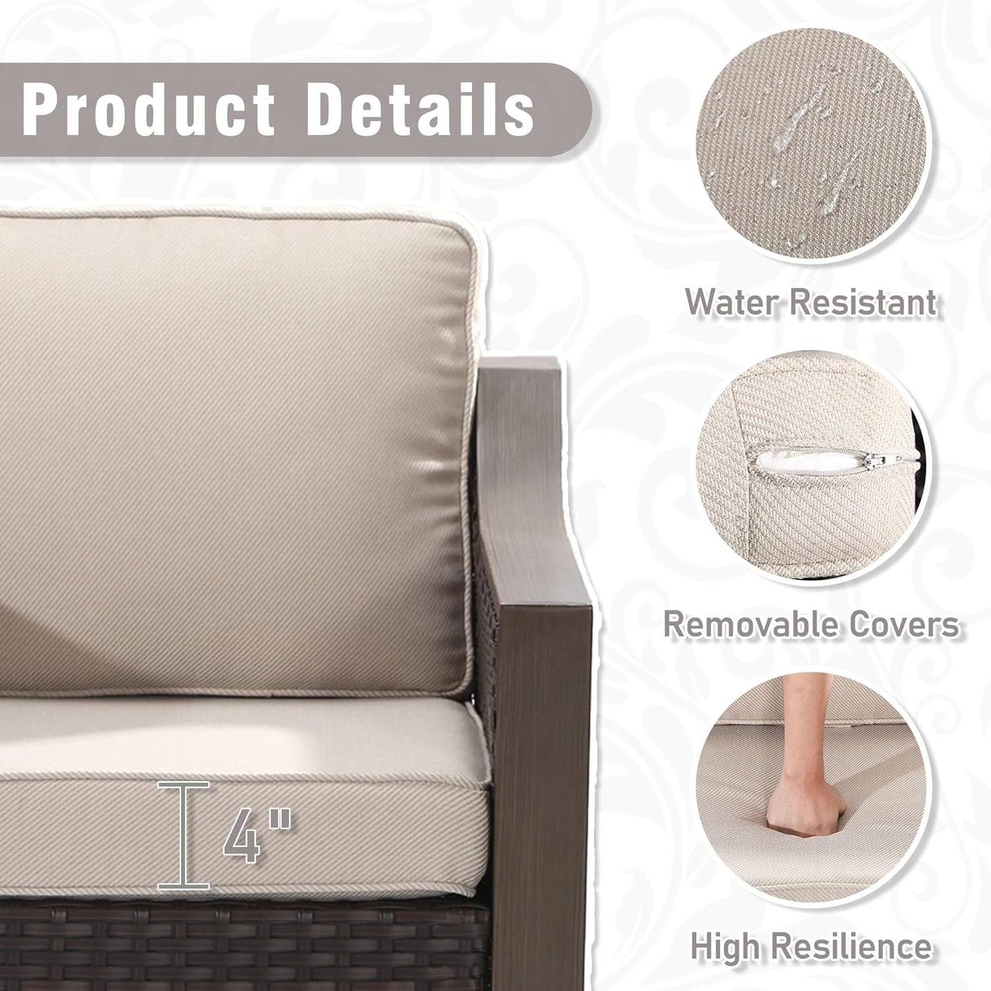 3 Piece Wicker Patio Conversation Set, All-Weather Use Outdoor Wicker Sofa with 2 PE Rattan Swivel Chair, Removable Water-Resistant Cushion, Ideal for Porch, Backyard, Balcony, Poolside, Beige