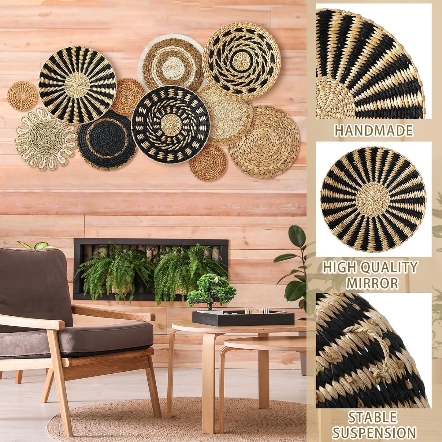 11 Pcs Boho Hanging Wall Basket Decor Handmade Woven Basket Wall Decorative Boho Wicker Baskets Placemats Round Farmhouse Bulrush Art for Rustic Home Decorations Christmas Gift(Assorted)