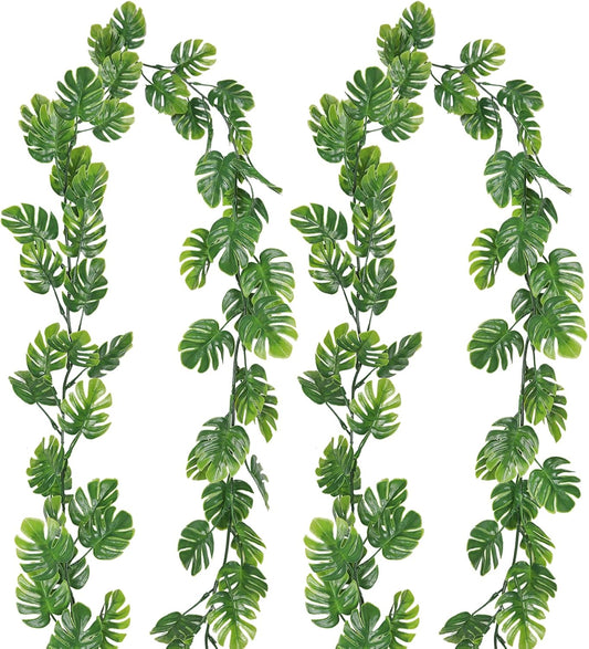RECUTMS 2Pcs Artificial Monstera Leaf Vines 5.9FT Fake Hanging Plants Ivy Faux Tropical Palm Leaves Greenery Garland for Garden Porch Patio Jungle Luau Beach Birthday Party Indoor Outdoor Spring Décor
