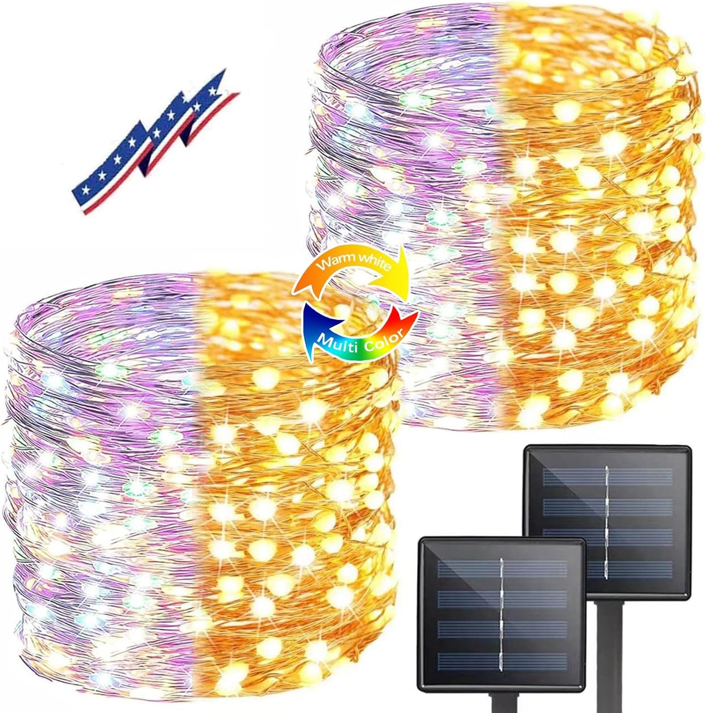 (Warm White ⇋ Multicolor) Solar Christmas String Lights Outdoor, 2-Pack 80FT 200 LED Waterproof Copper Wire, Solar Twinkle Lights with 8 Modes Solar Fairy Light for Tree Garden Wedding Christmas Decor