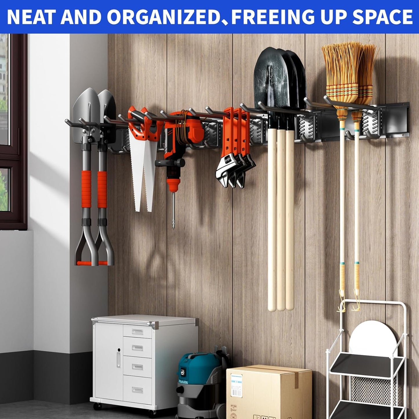 Garage Organization Tool Organizer Wall Mount, 48inch Heavy Duty Garden Tool organizer Storage System, Easy Install With 6 Adjustable Bilayer Hooks, For Garage, Basement, Shed, Workshop(Black)