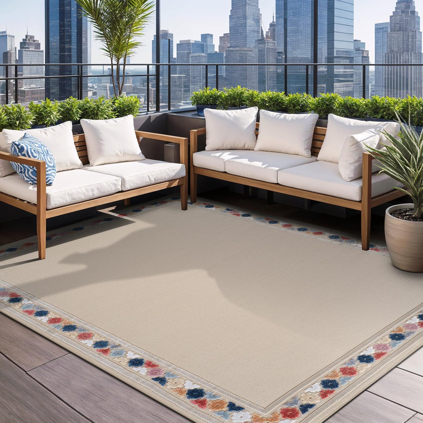 Beverly Rug Outdoor Rug 4x6 Modern Bordered Area Rugs for Indoor and Outdoor Patio Easy to Clean Non Shedding Living Room Porch Garden Washable Outside Carpet (4 x 6 Beige)