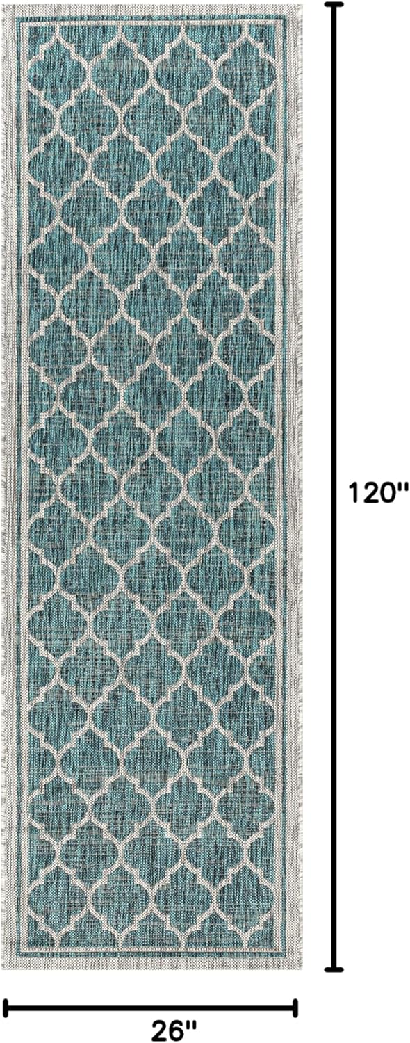 Eyely BMS109E-210 Santa Monica Trebol Moroccan Trellis Textured Weave Indoor/Outdoor Runner Rug Coastal;Bohemian, Bedroom, Backyard, Patio, Easy-Cleaning, Non-Shedding, 2 X 10, Teal/Gray