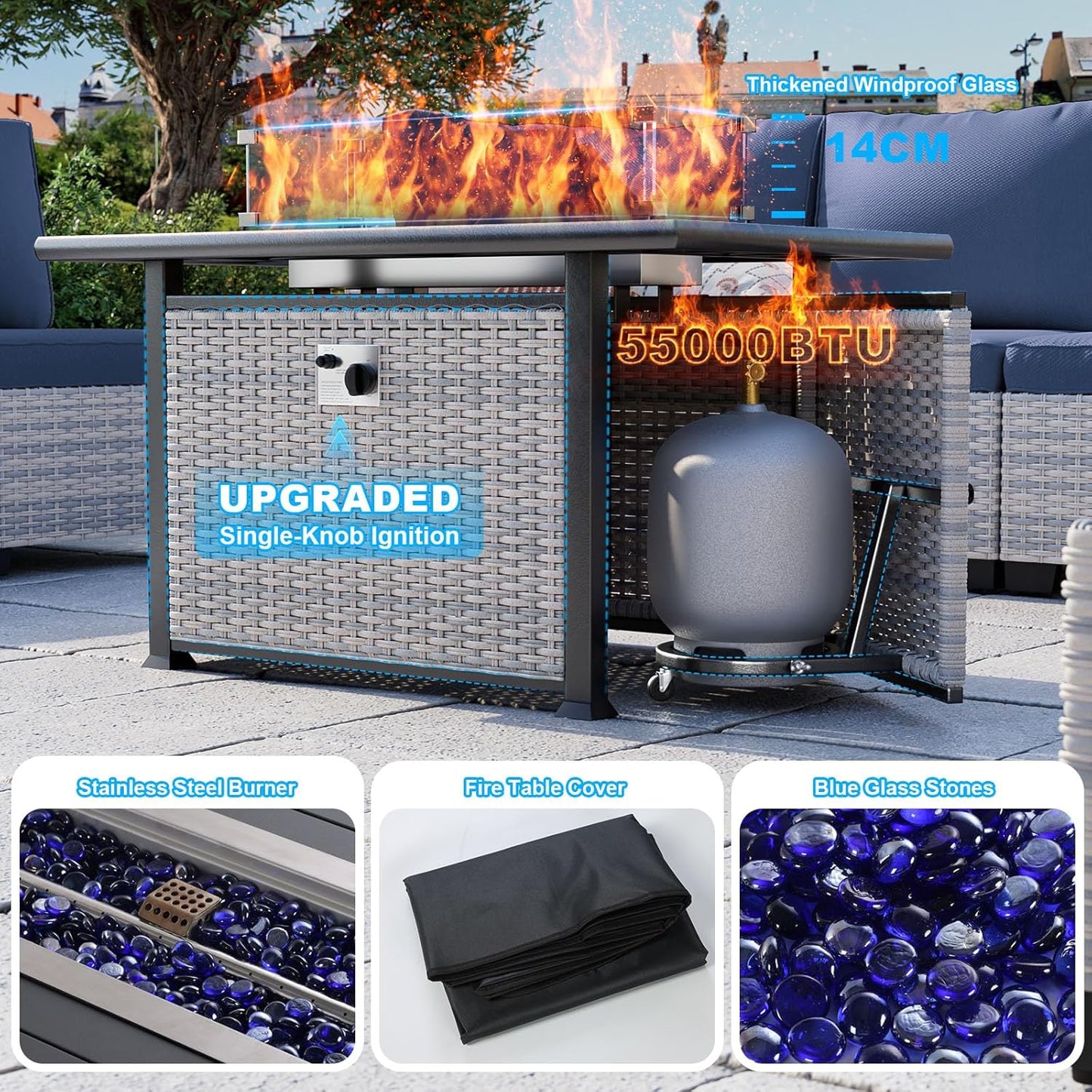 8-Piece Modern Patio Furniture Set with 55,000 BTU Fire Pit Table, Thick Cushions, Dual-Strand Wicker Rattan, Rust-Resistant Frame, Navy Blue