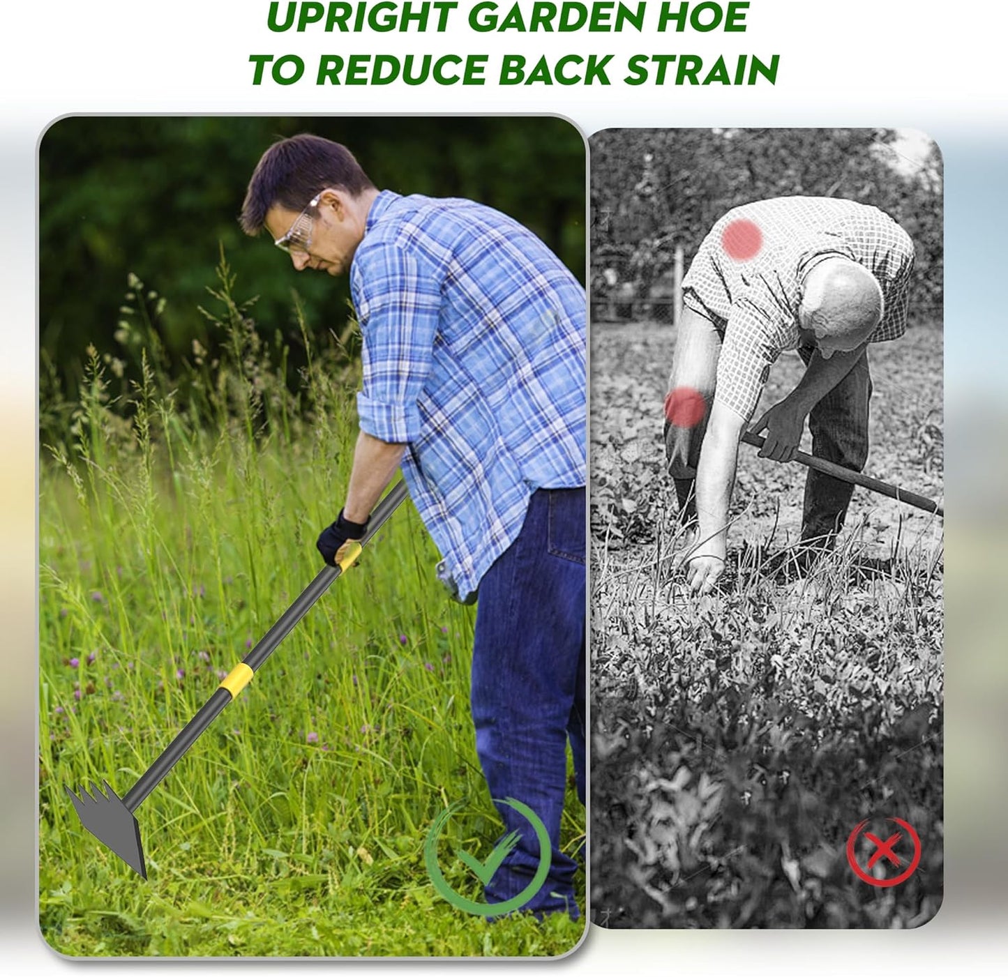 Dual Headed Hoe Garden Tool, Hoe Cultivator Gardening Tool, 17-59" Adjustable Long Handle Heavy Duty Scuffle Hoe with Rake Tiller Cultivator for Weeding, Digging, Loosening Soil, Sowing