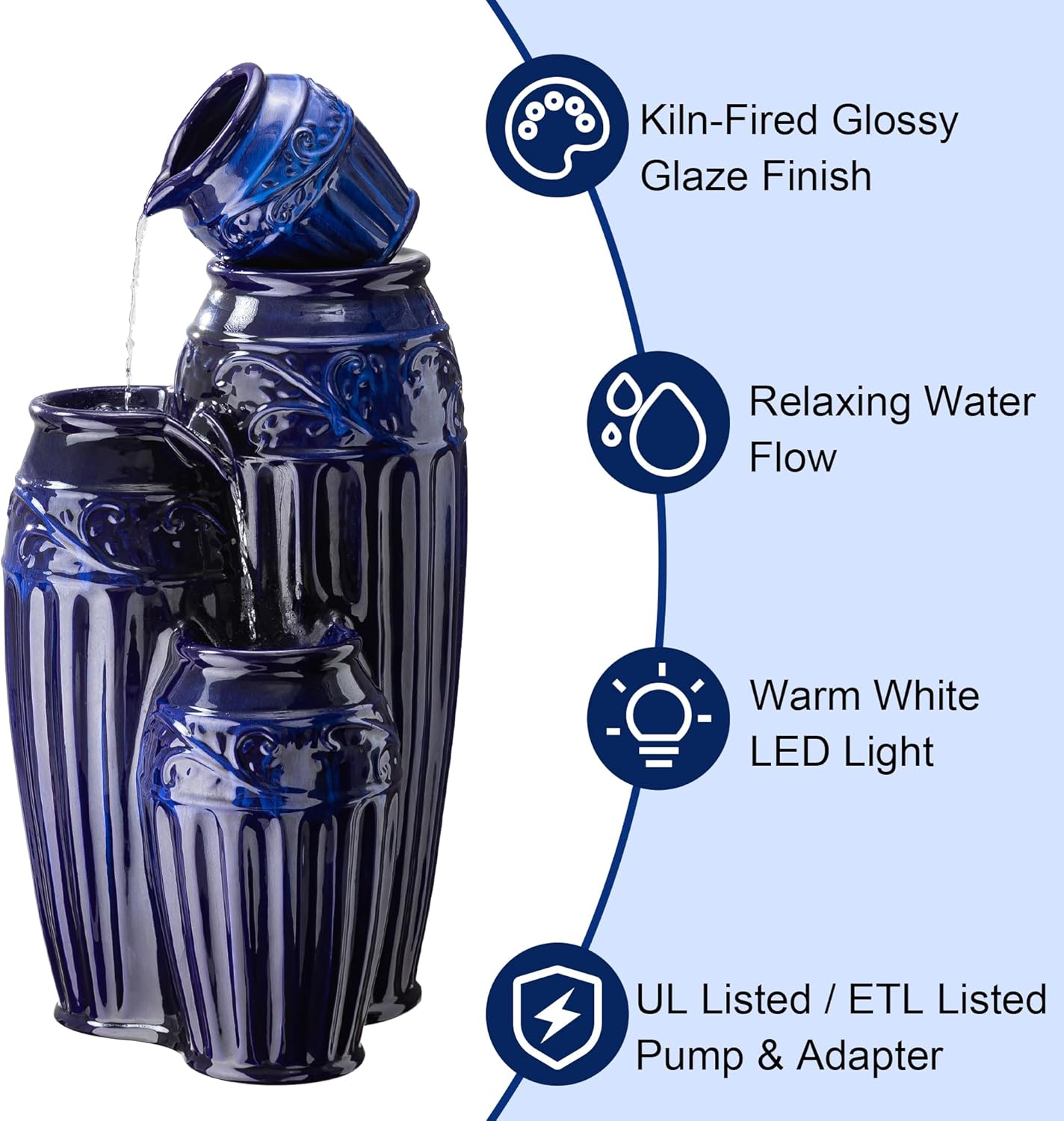 Glitzhome 35.5" H Oversized Outdoor Water Fountain with LED Lights and Pump, 4 Tier Cobalt Blue Embossed Pattern Ceramic Pots Cascading Floor Standing Fountain for Porch Deck Garden Patio Backyard