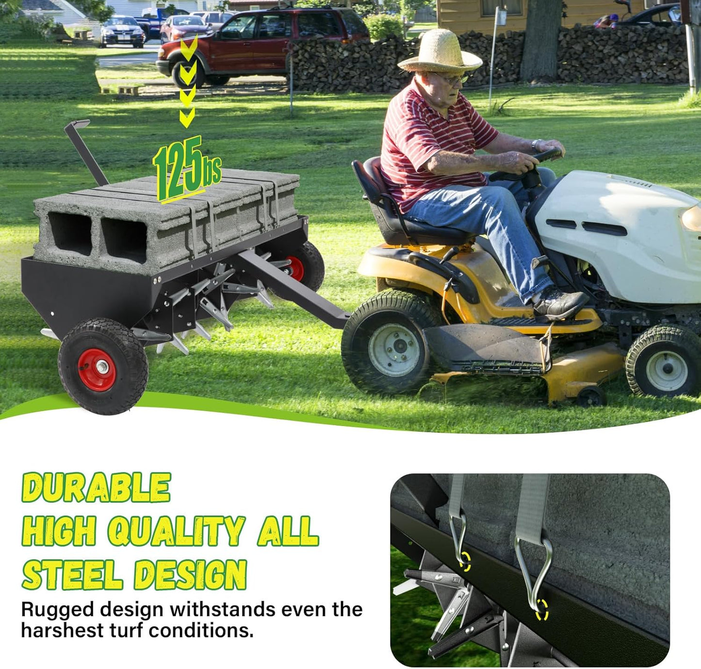 Doniks 52-Inch Tow Behind Lawn Plug Aerator with Universal Hitch, Lawn Aerator Tow Behind with 40 Galvanised Steel Tines,Tray and Inflatable Wheels for Gardens, Lawns, Farms