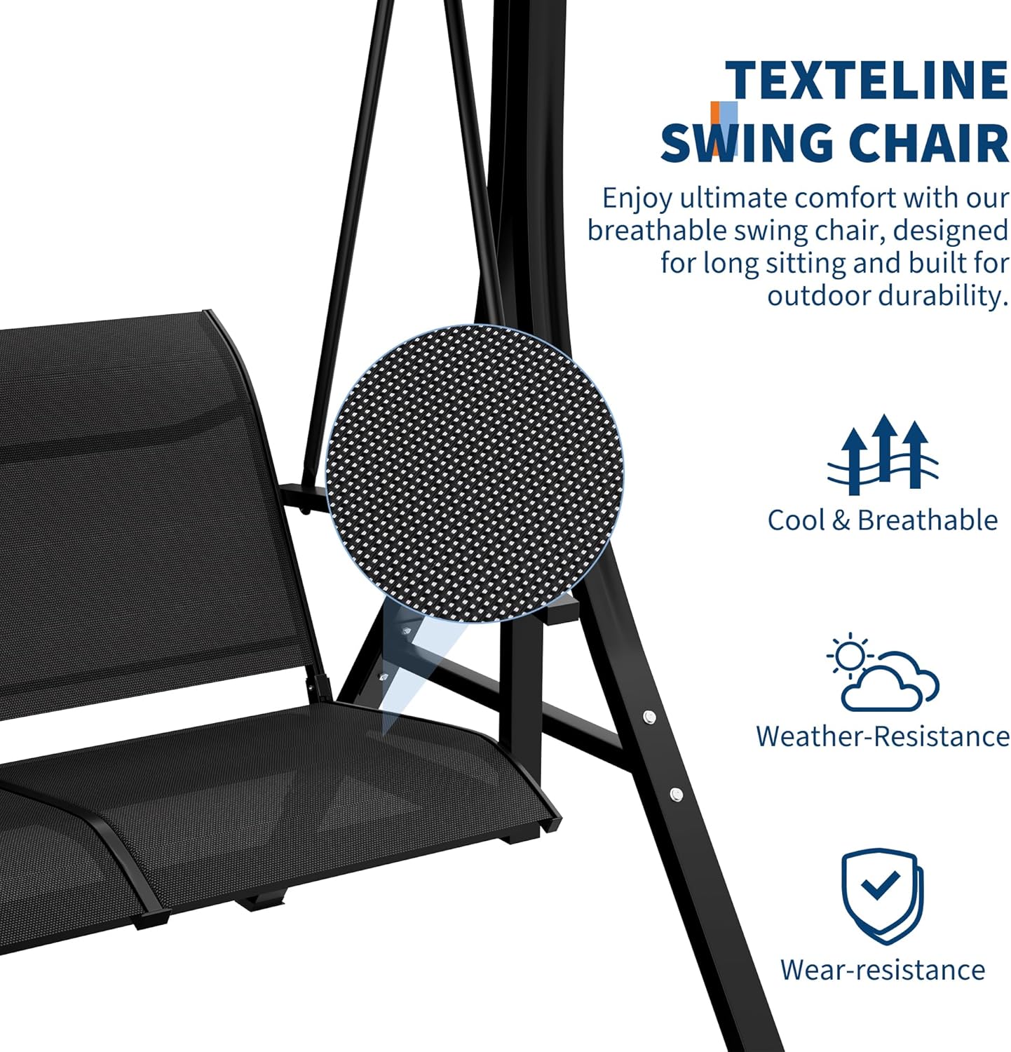 3-Seat Outdoor Patio Swing Chair, Porch Hanging Chairs with Adjustable Canopy, Armrests and Breathable Textilene Fabric, Hanging Swing Bench for Garden, Poolside, Backyard – Black