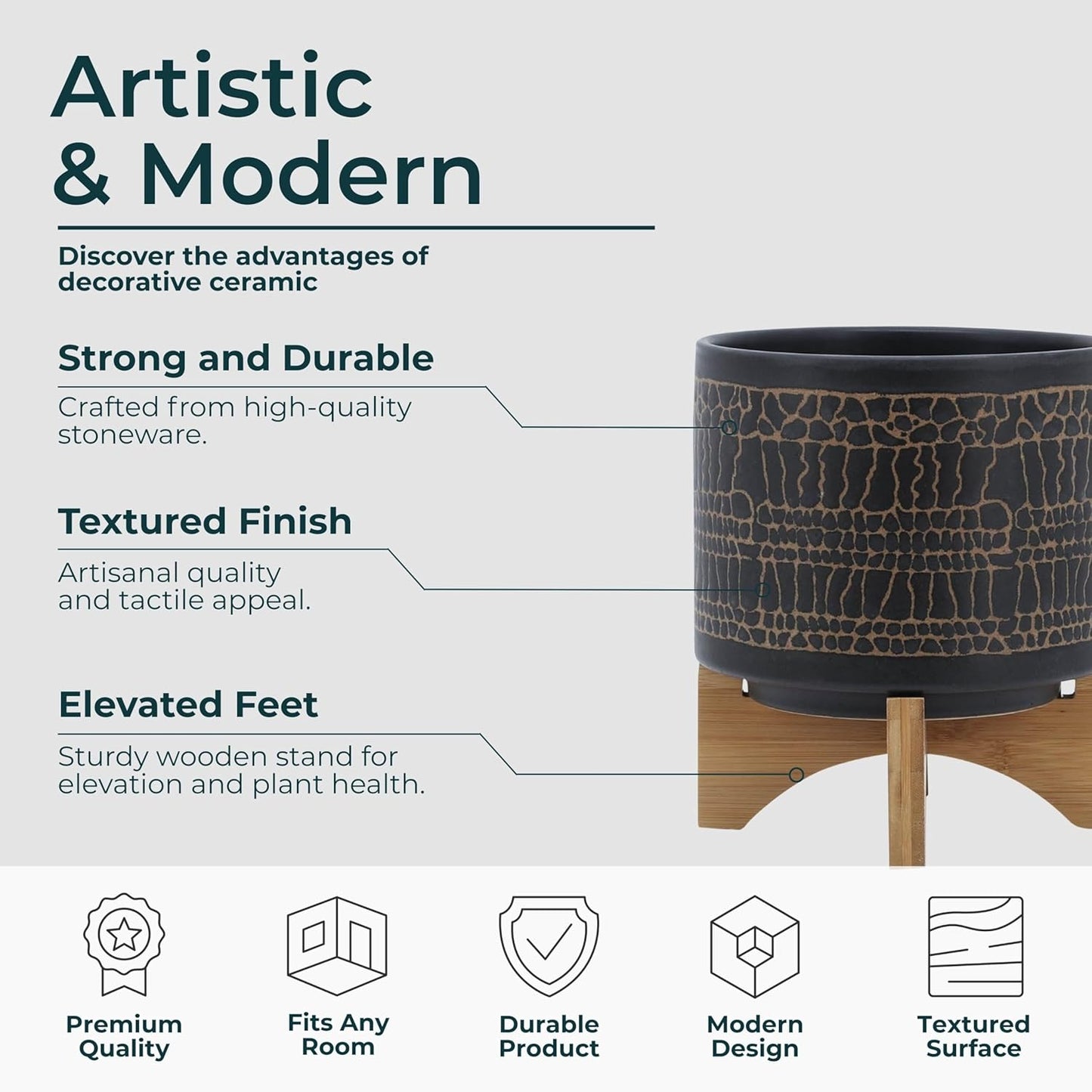 Glazed Decorative Planter Pot with Wood Stand – Ceramic Stoneware Outdoor & Indoor Plant Pot with Cracked Pattern – Modern Garden & Home Decor Planters – 9", Black