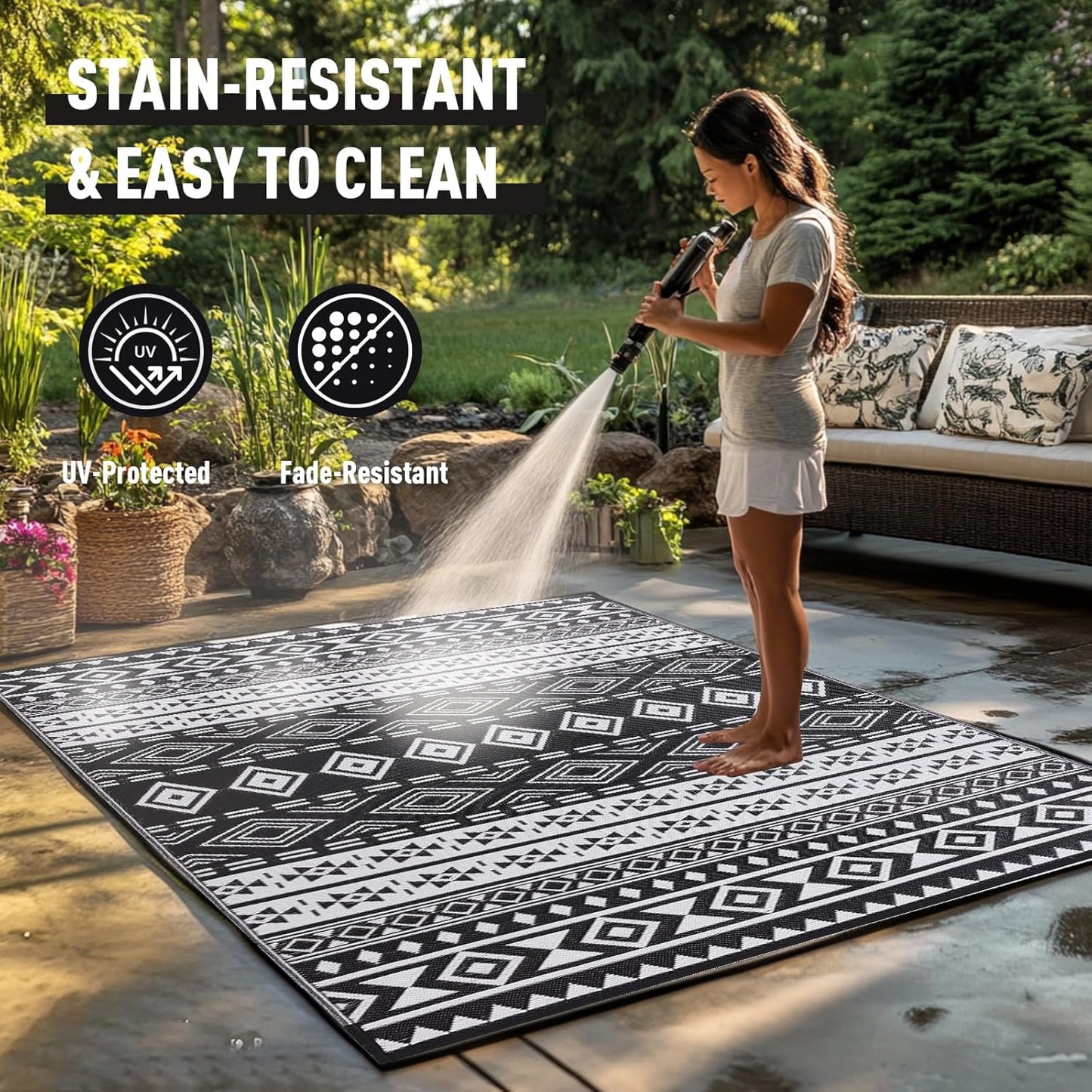 WILDROOTS 6x9 Feet Black and White Plastic Outdoor Rug, Stain Resistant Waterproof Reversible Outdoor Patio Rug, Fade Resistant Camping Rug