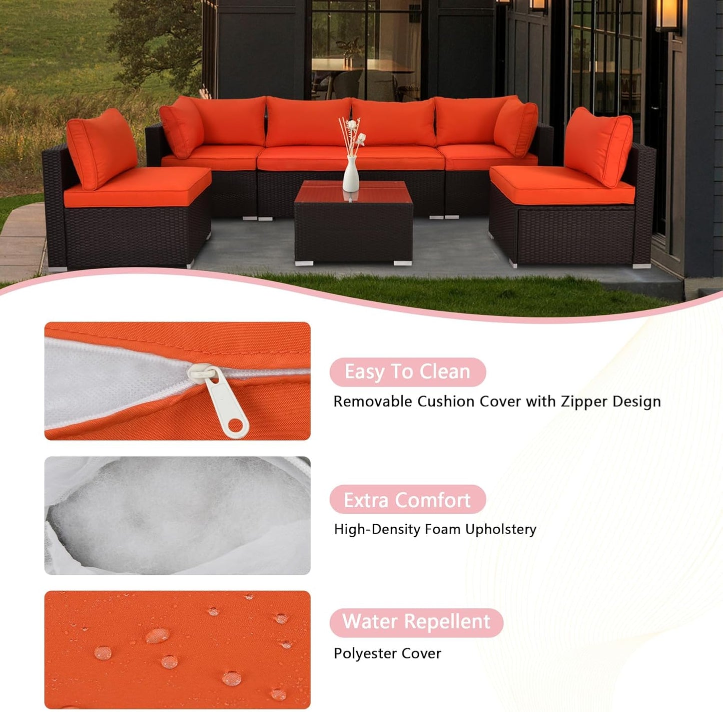 7-Piece Patio Furniture Set - Outdoor Sectional Sofa Set with Cushions and Glass-Top Coffee Table for Gardens, Poolside, Backyards and Porches, Black/Orange