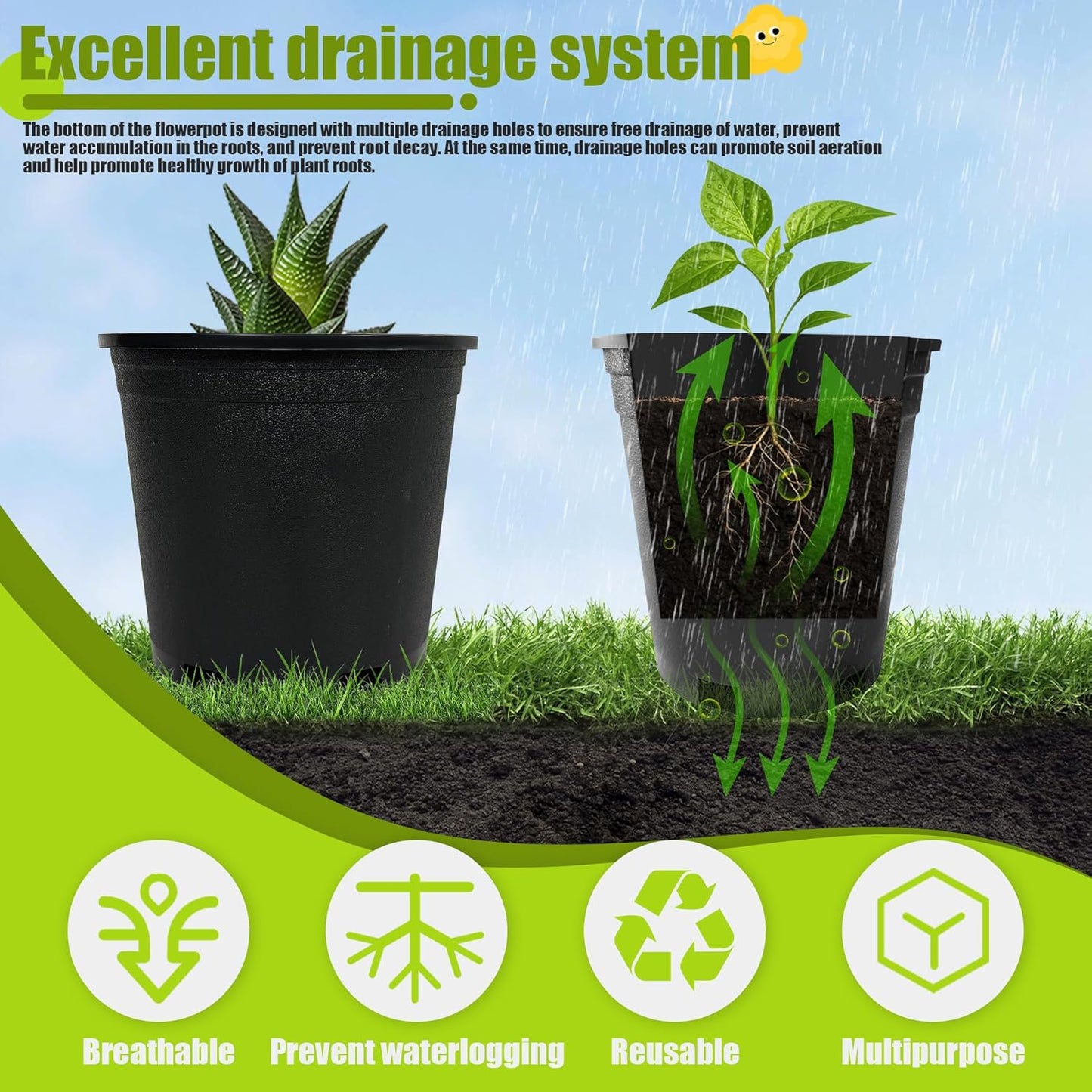 2 Gallon Nursery Pots Plastic Container Injection Molded Pot for Plants Flexible with Drainage Holes Suitable for Plants Soil Growers or Hydroponics Black 10 Pcs