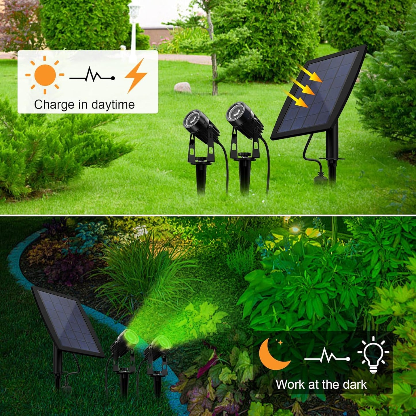 DLLT LED Solar Spotlights Outdoor, 2-in-1 Solar Landscape Spotlights IP65 Waterproof, 9.8ft Cable 2-in-1 Solar Powered Lights, Auto On/Off for Garden, Yard, Driveway, Lawn, Green Lighting