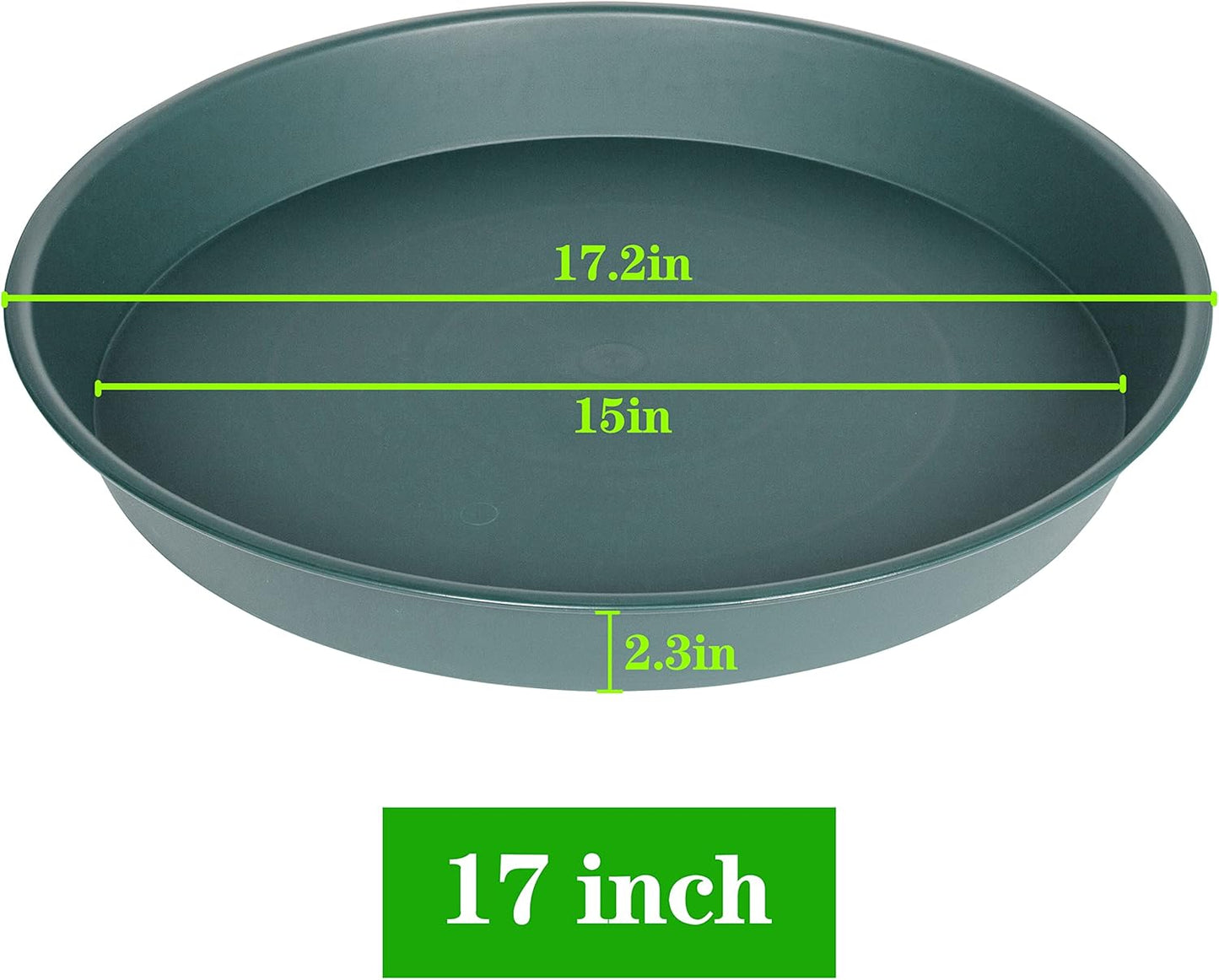 2 Pack of 16 17 inch Plant Saucer (15 inch Base), 2.3" Depth, Plant Trays for Pots, Plastic Plant Saucers for Indoors, Bird Bath Bowls, Flower Pot Drip Trays for Planter (17", Green)