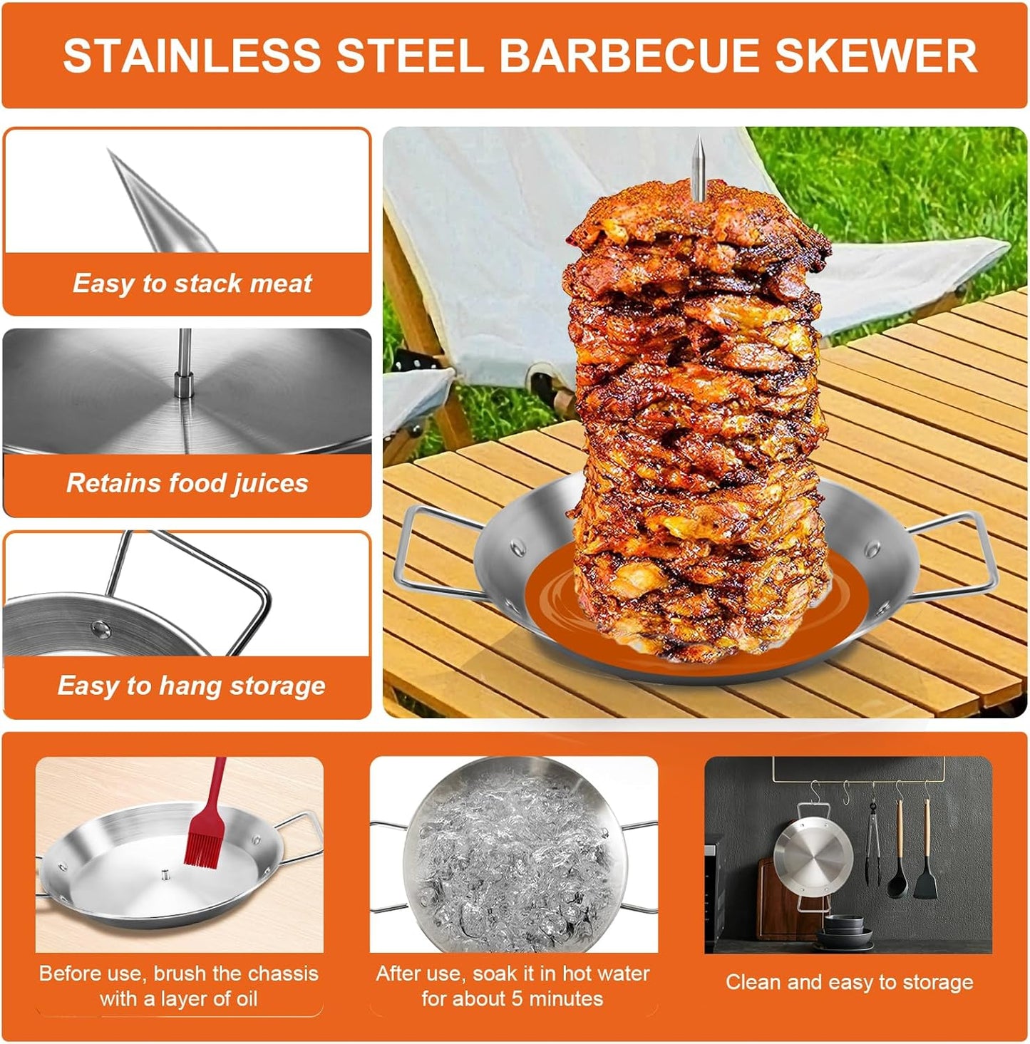 Al Pastor Skewer for Grill, Stainless Steel Vertical Skewer, Brazilian Vertical Spit Stand with 3 Removable Spikes(8”/10"/12”)& Brushes, for Tacos Al Pastor, Shawarma Kebabs Smoker Oven BBQ Dishes