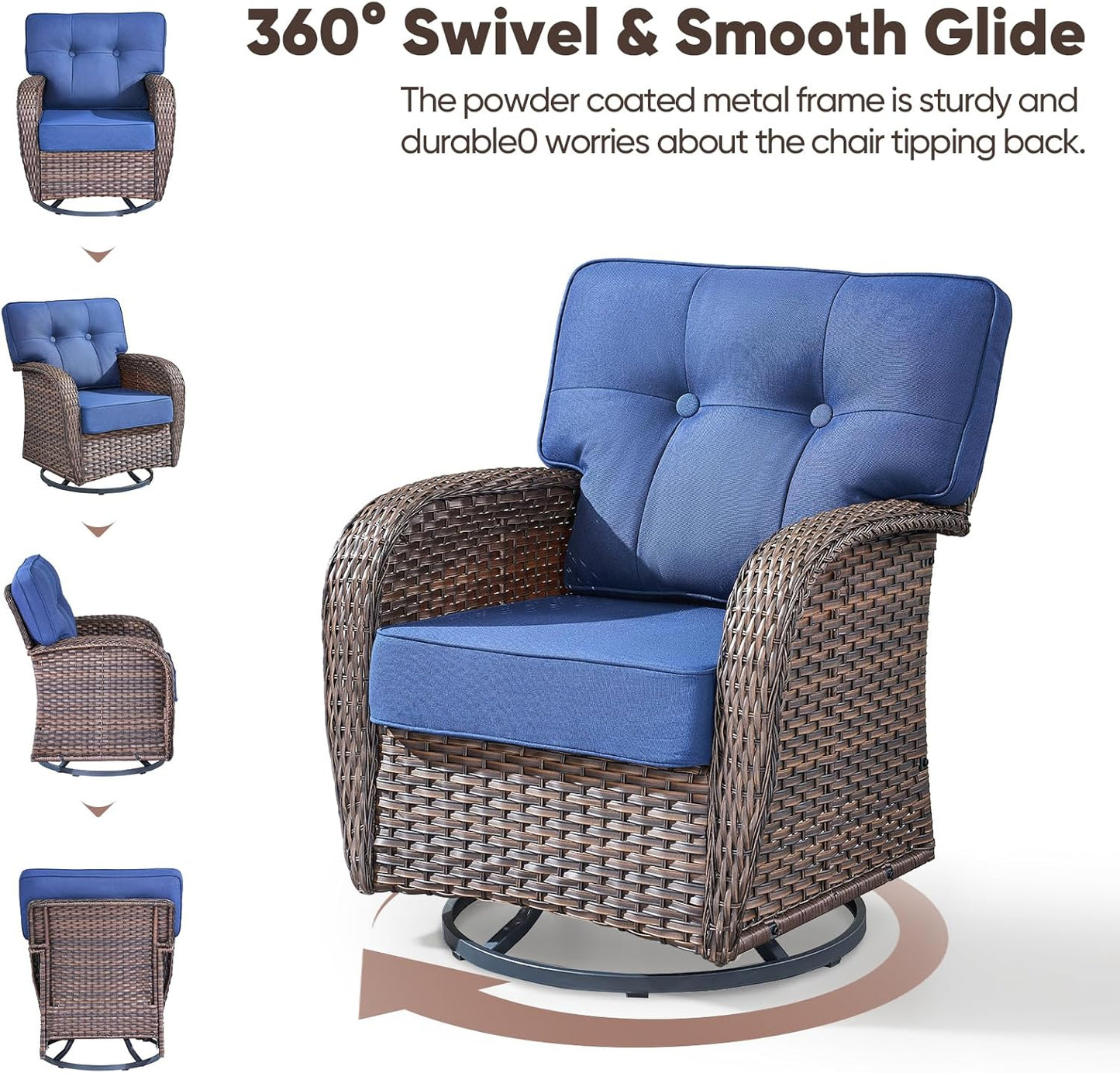 6-Piece Rotating Balcony Chair Set with 31-inch T-Shaped Wide backrest - Rattan Outdoor Rotating Balcony Chairs, Wide backrest Comfortable Outdoor Sliding Chair - Brown | Blue