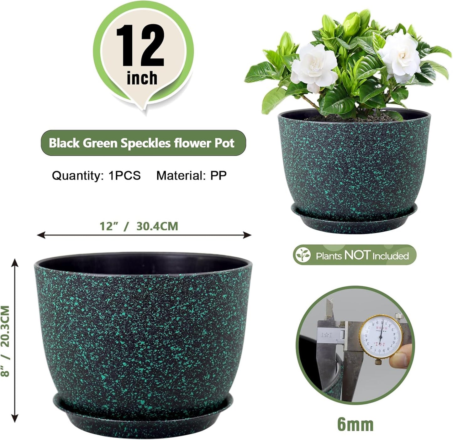 12 inch Large Plant Pots, Plastic Planters with Drainage Holes and Saucers, Flower Pots for Indoor Outdoor Plants, Decorative Pots for Garden House Plants, Black with Green Speckles