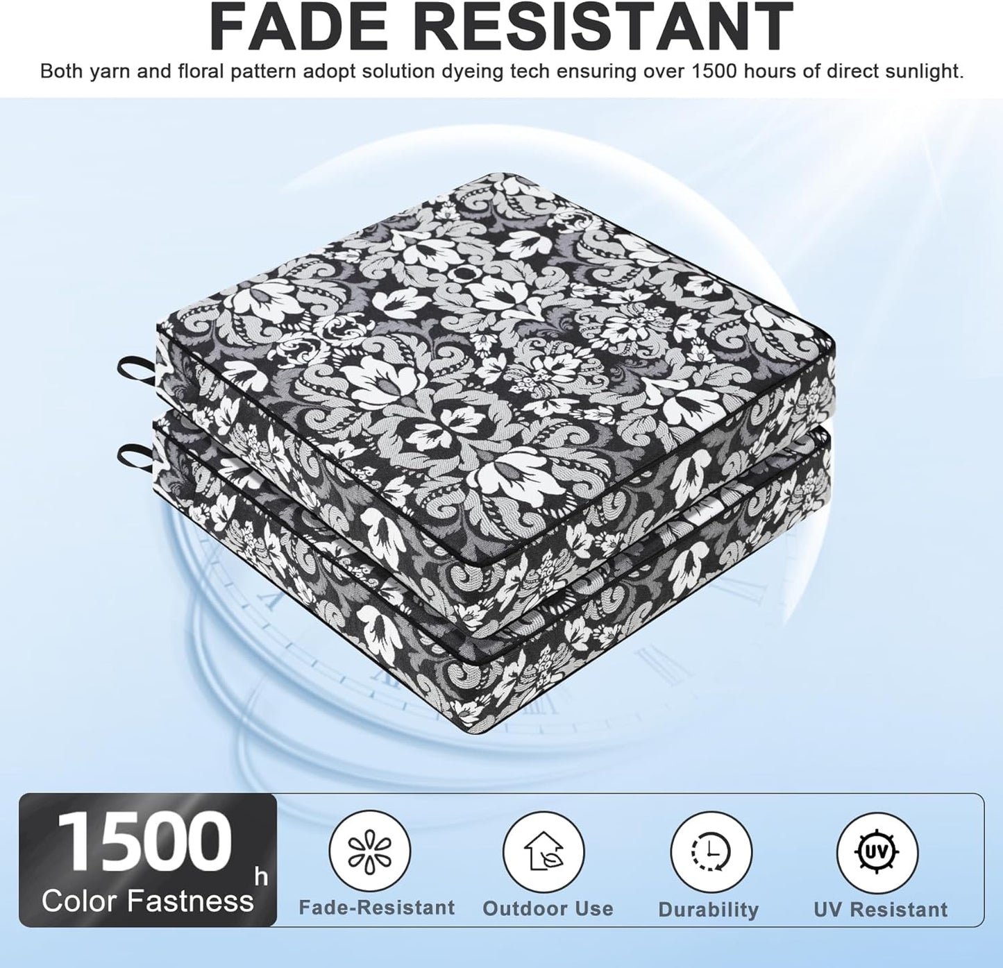 Favoyard Outdoor Chair Cushion 24 x 24 x 4 In Waterproof Pattern Fade Resistant Cushions for Patio Furniture with Removable Cover Attach Straps 28D Foam Insert Cushions Pads for Seat Sofa Couch 2 Pack