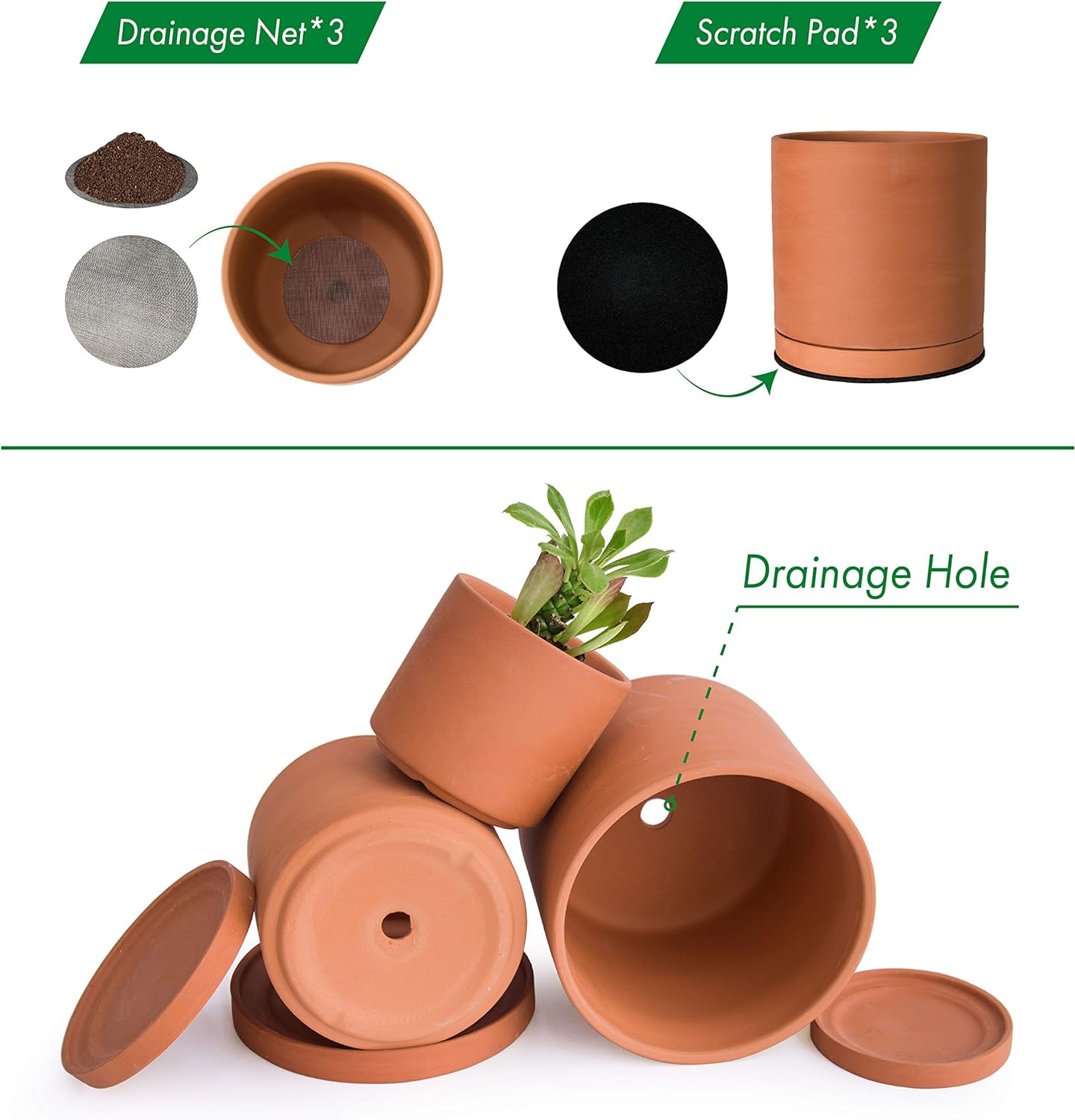 D'vine Dev Terracotta Pots for Plants, 4.2 Inch 5.3 Inch 6.5 Inch, Succulent Planter Pot with Drainage and Saucer, 40-T-A-0