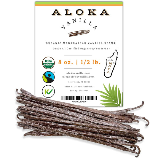 8oz (1/2 Pound) Count Organic Madagascar Vanilla Beans – Grade A Bourbon Pods | Gourmet Whole Vanilla Beans for Baking, Cooking, Extract Making | Rich Aroma, Premium Flavor, Non-GMO, Vegan