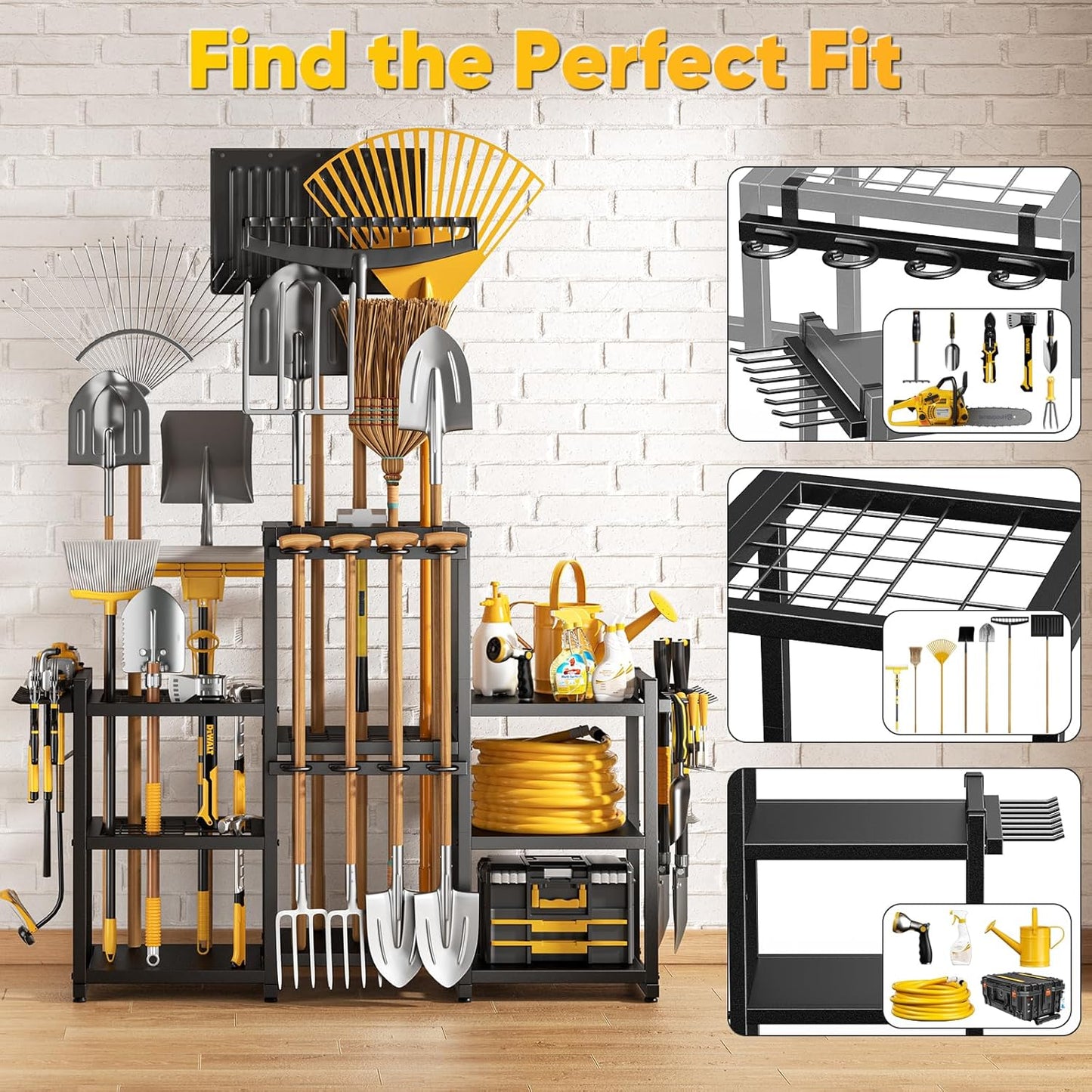 42" H Large Garden Tool Organizer, Holds Up to 86 Tools, Heavy Duty Yard Tool Organizer for Garage, 61“ Wide Lawn Freestanding Tool Storage Rack for Outdoor Shed Tool Rake, Shovel, Brooms