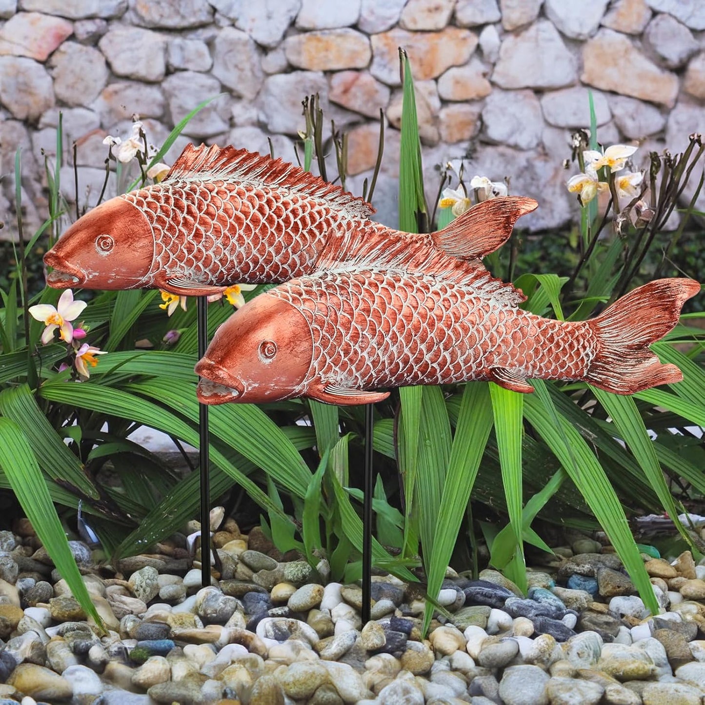 Garden Statues Koi Fish Decor, Garden Fish Pond Statues, Set of 2 Antique Copper Koi Art Sculptures for Outdoors Patio Backyard Lawn Yard Decoration, Japanese Garden Decor, Best Gifts