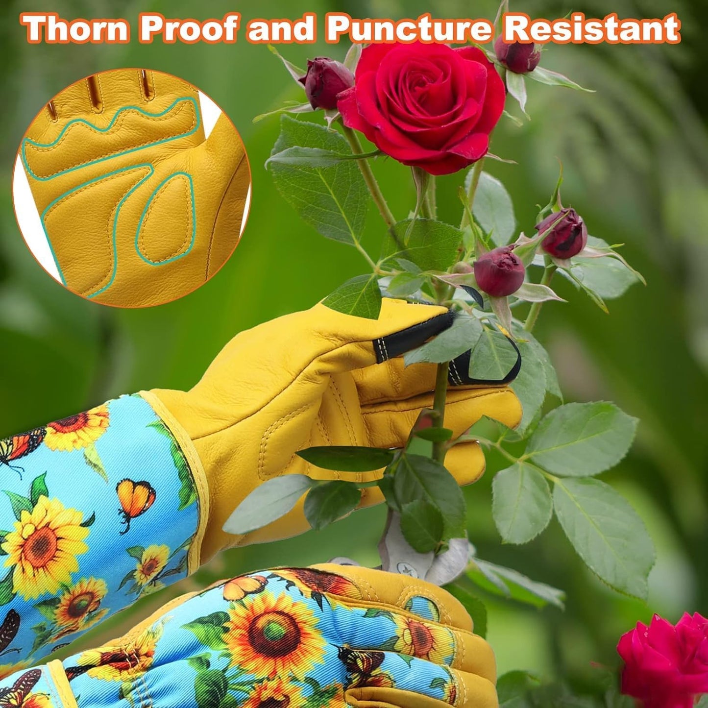 DLY Gardening Gloves for Women, Rose Gloves Gardening Thorn Proof, Long Garden Gloves for Women, Breathable Cowhide Leather Gauntlet (Small, Blue