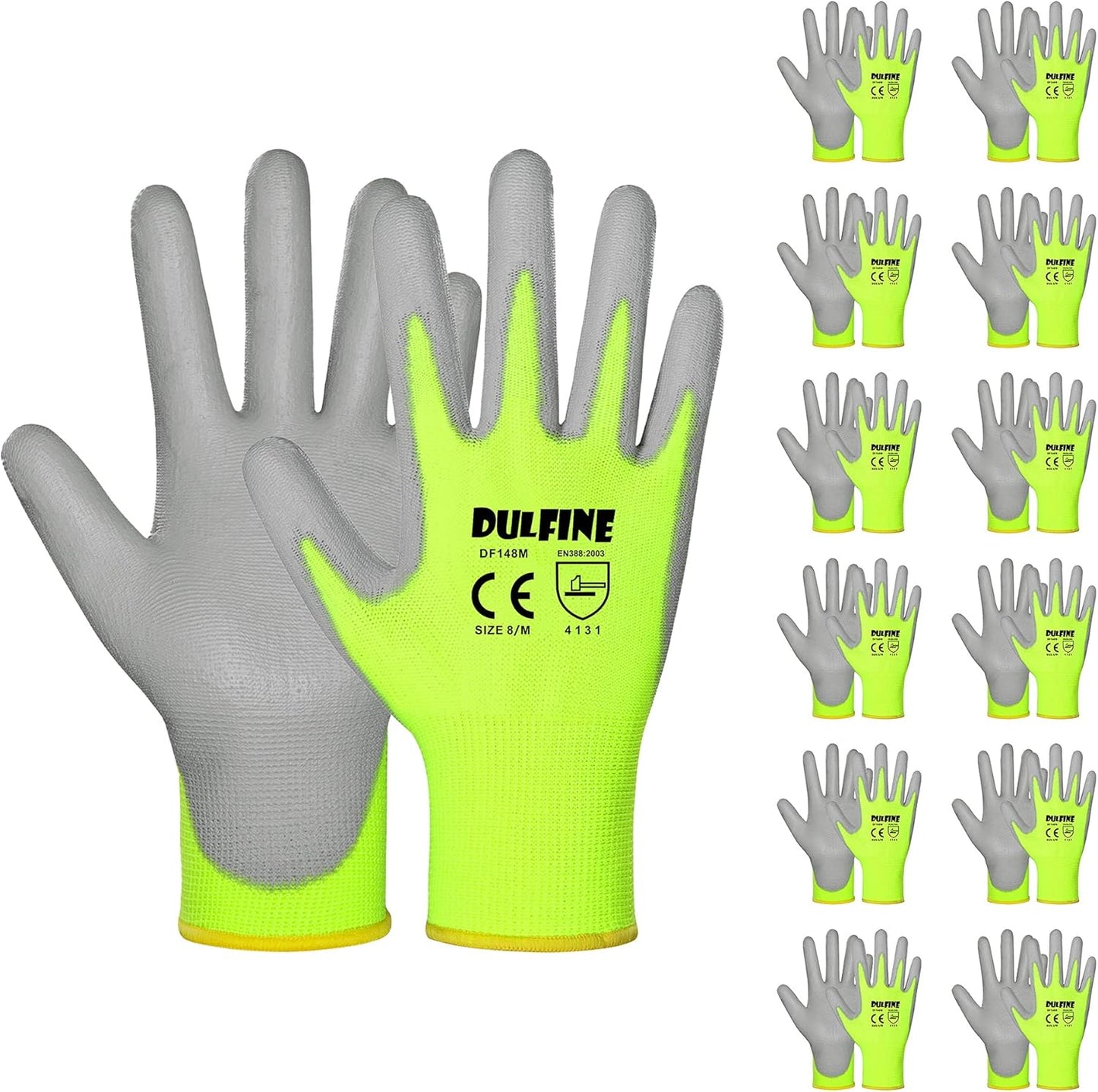 DULFINE Safety Work Gloves for Men PU Coated 12 Pairs Bulk Pack,Hi-Vis Yellow Seamless Knit Glove with thin Polyurethane Coated Smooth Grip on Palm & Fingers,Ideal for General Duty Work (XX-Large)
