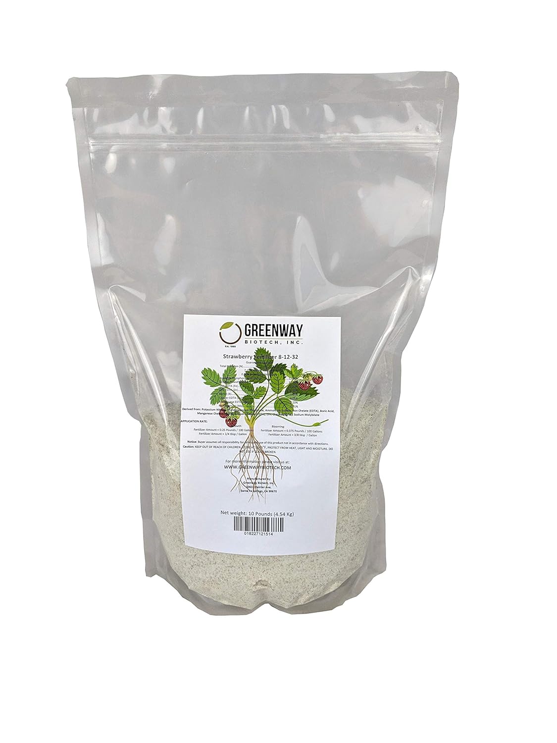 Greenway Biotech Strawberry 8-12-32 Fertilizer Powder 100% Water Soluble Plus Trace Minerals- Includes Essential Chelated Micronutrients for Tasty Fruits (10 Pounds 2000 Gallons)