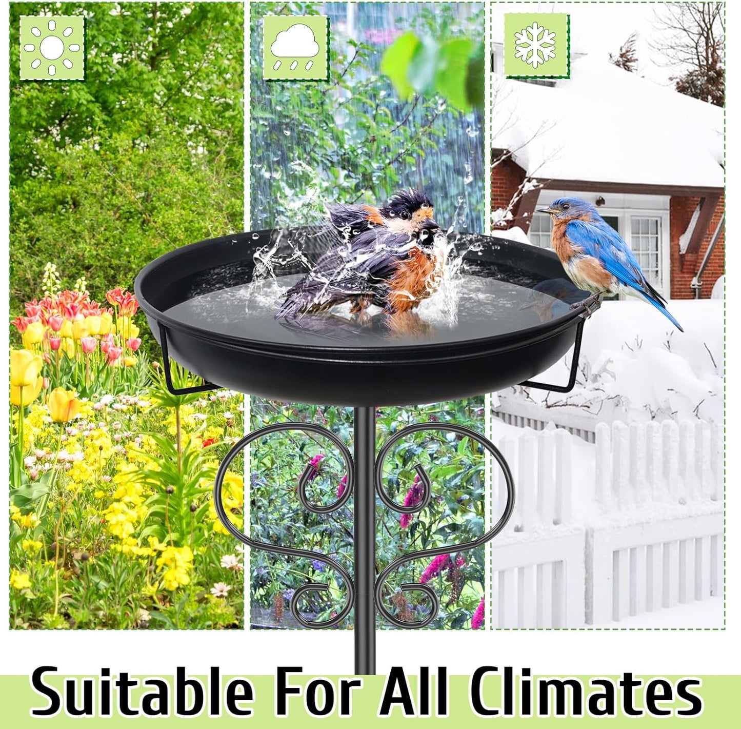 40In Bird Baths for Outdoors, Metal Birdbath Birdfeeder with Heavy Duty 5 Prong Stake, Vintage Detachable Bird Bath Water Feeder Bowl for Garden Yard Lawn Decor Black