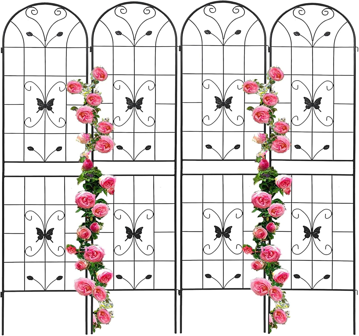 4 Pack Metal Garden Trellis 86.7" Black Fence Rustproof Garden Trellis for Climbing Plants Support Roses Flower Outdoor Lawn, Black