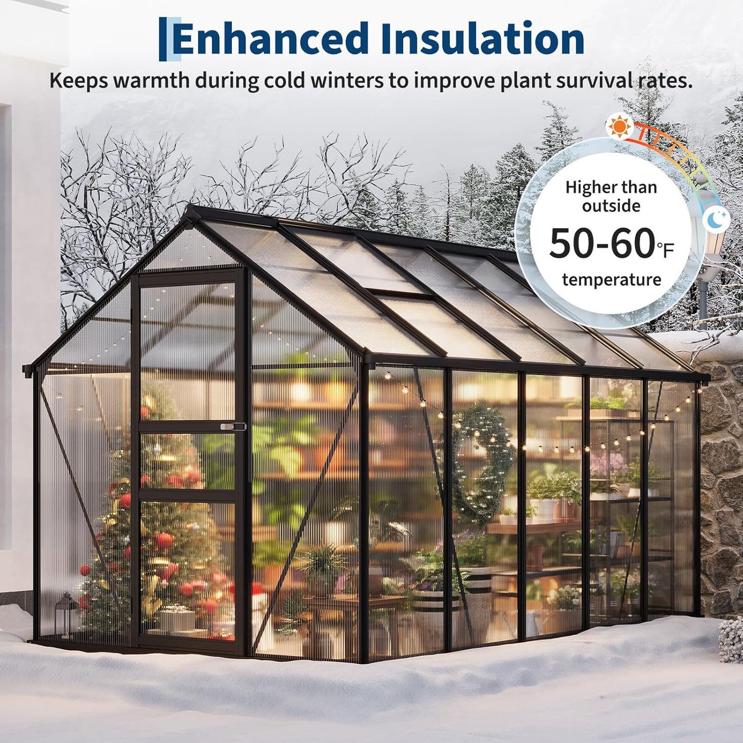 6x10FT Polycarbonate Greenhouse - Walk-in Outdoor Aluminum Frame Greenhouse with Roof Vent, Lockable Push Door for Garden, Backyard, Patio & Lawn(Black)