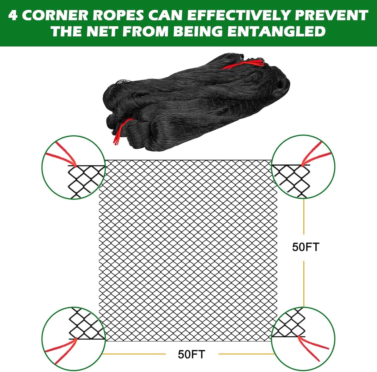 50'x50' with 2" Mesh Bird Netting for Chicken Coop with Bird Scare Tape, Hawk Nettings for Chicken Run, Heavy Duty Poultry Nettings Chicken Netting Roof Deer Net