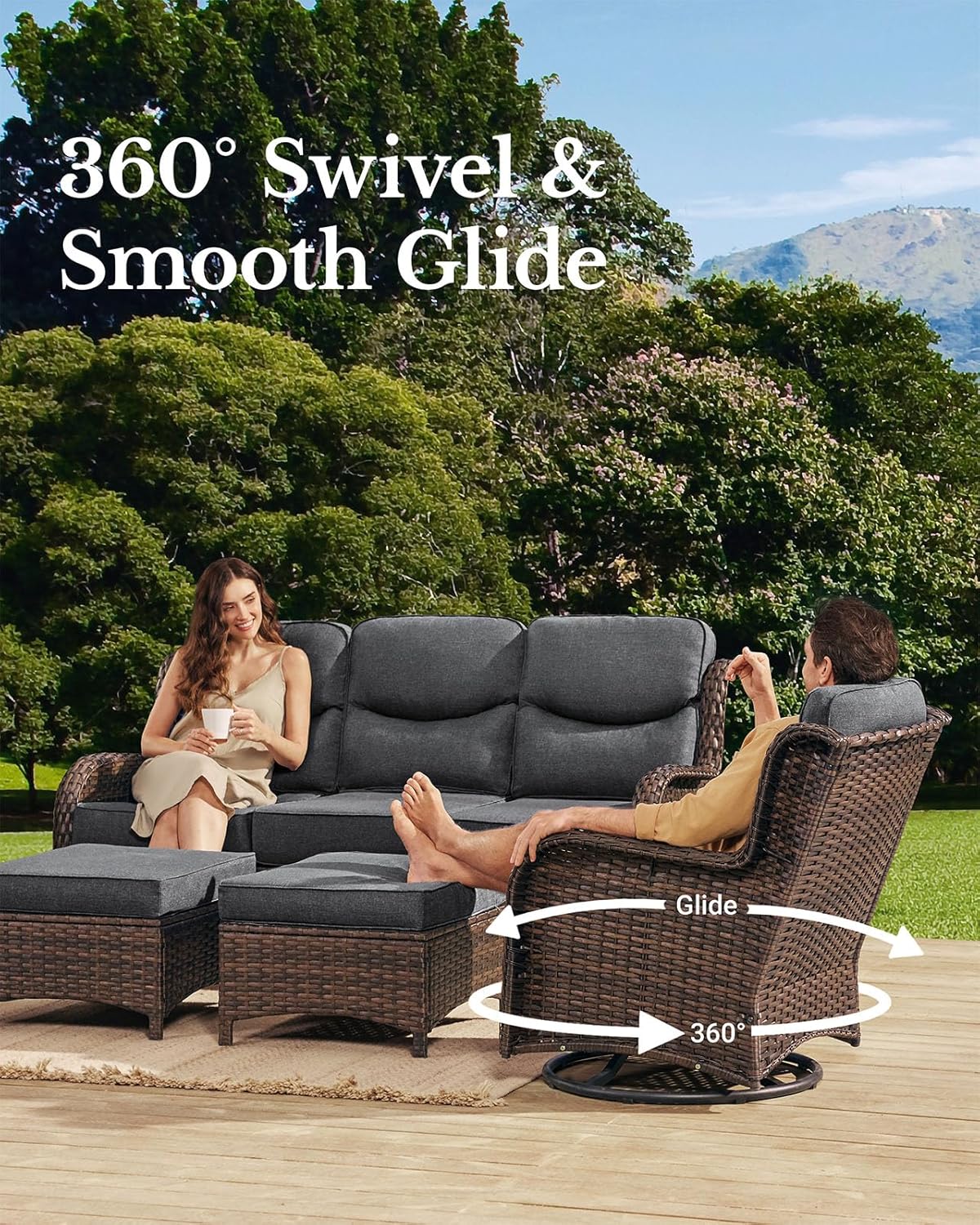 HILLGA Luxury Patio Furniture Set with 6-inch Thick Cushion, Outdoor Couch, Loveseat and High Back Swivel Rocker Patio Chairs, 7PCS Wicker Conversation Set for Deck Yard and Poolside, Dark Grey (V2)