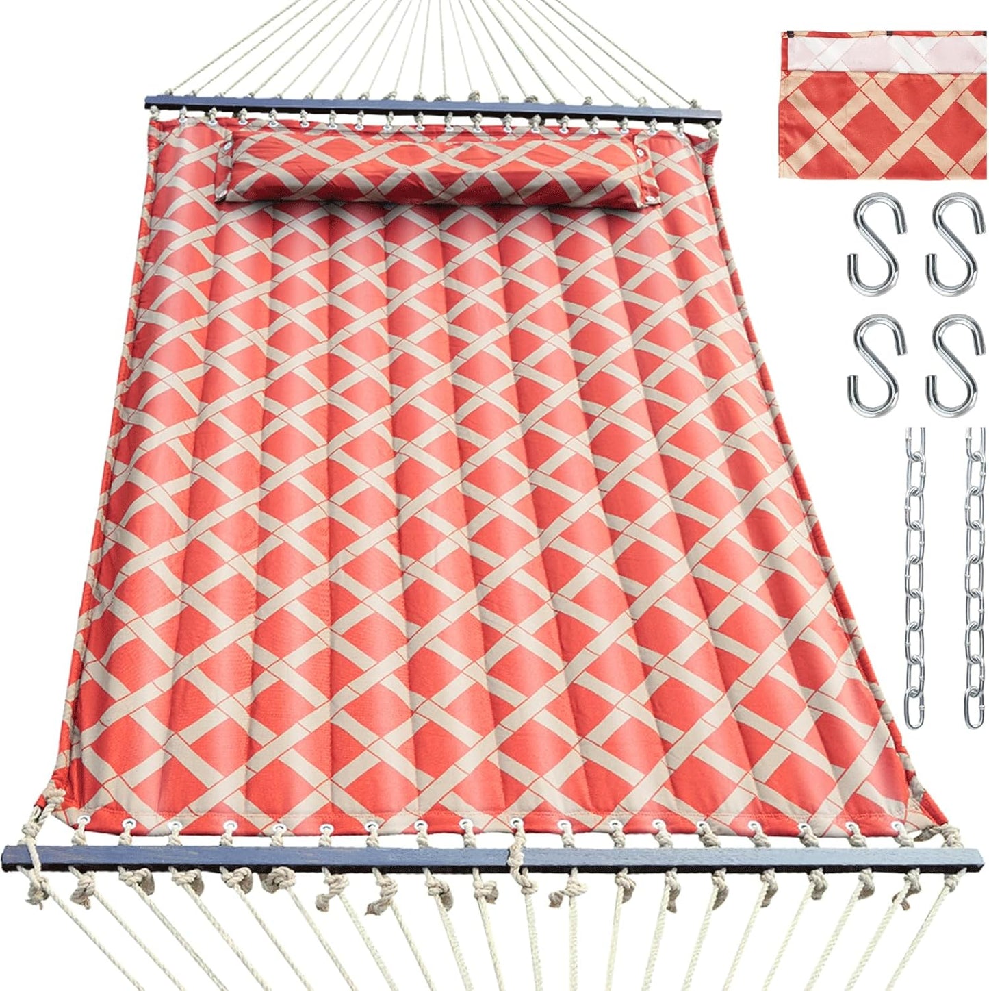 13 FT Tuscan Lattice Sienna/Taupe Quilted Hammock with Spreader Bars,Detachable Pillow and Chains,600lbs Capacity,Two Person Hammock for Outdoor, Patio, Backyard,Tree_Double Hammock