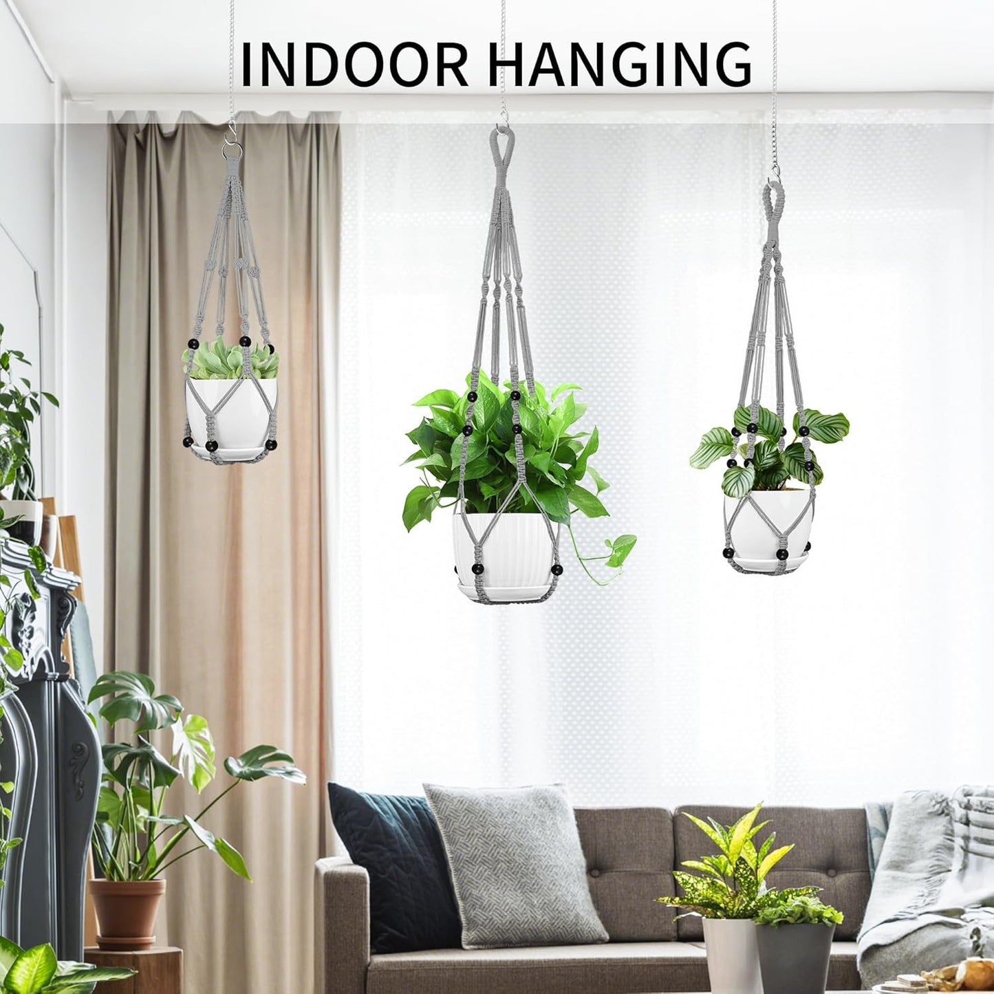 3 Pack Macrame Plant Hanger - 35"/29"/23" Different Sizes, Hanging Planter Basket Flower Pot Holder for Indoor Outdoor, Boho Home Decor, Gray (POTS NOT Included)