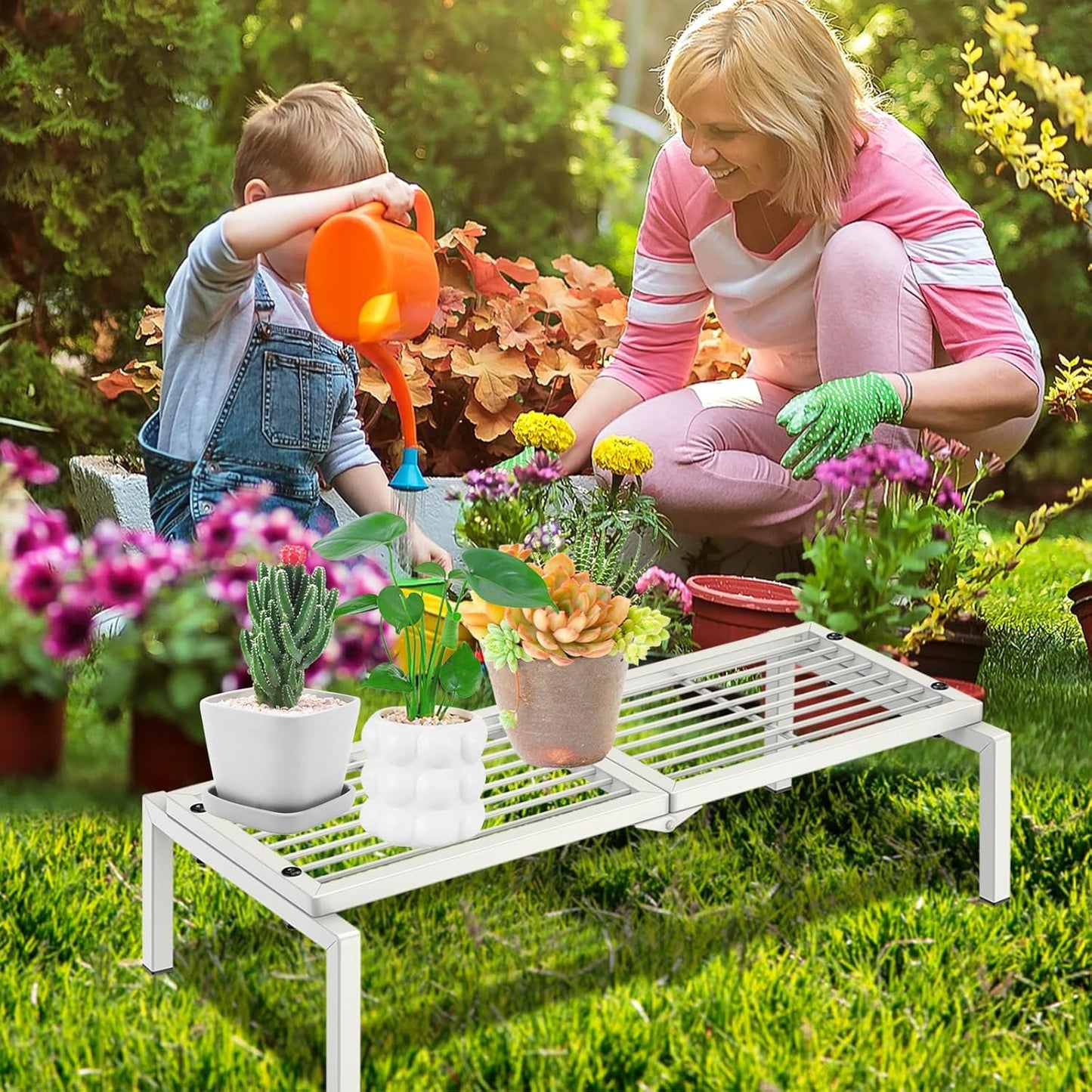 1 Tier Metal Plant Stand Indoor Outdoor, Potted Multiple Flower Pot Holder Rack Plant Shelf, Heavy Duty Planter Display Shelving for Patio Balcony Garden Living Room Decorative (White)