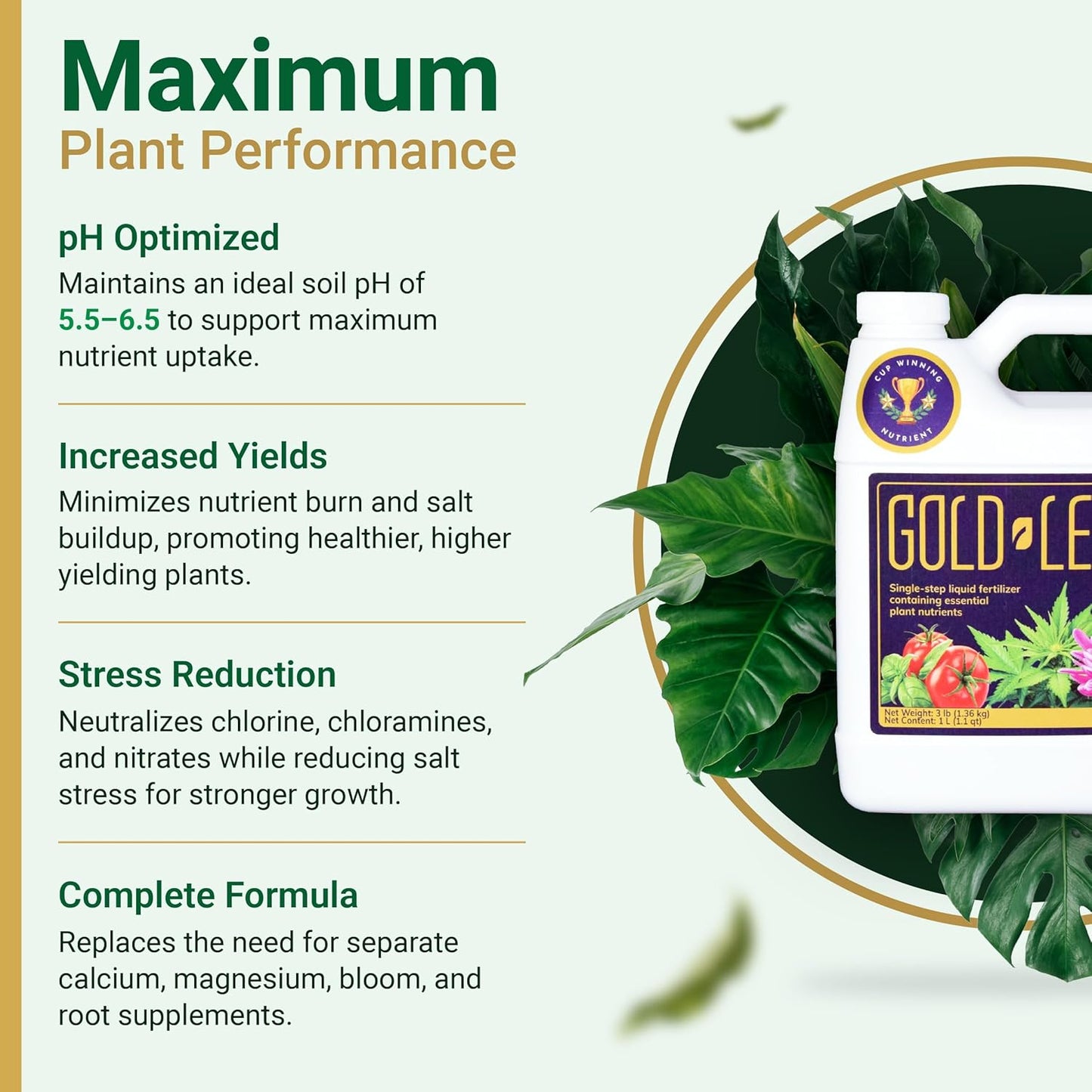 500ml Gold Leaf All-in-One Liquid Fertilizer – pH Balanced, Instantly Dechlorinates, No Additives Needed – for Soil, Hydroponics & Coco – Bigger Blooms, Higher Yields, Complete Plant Nutrition