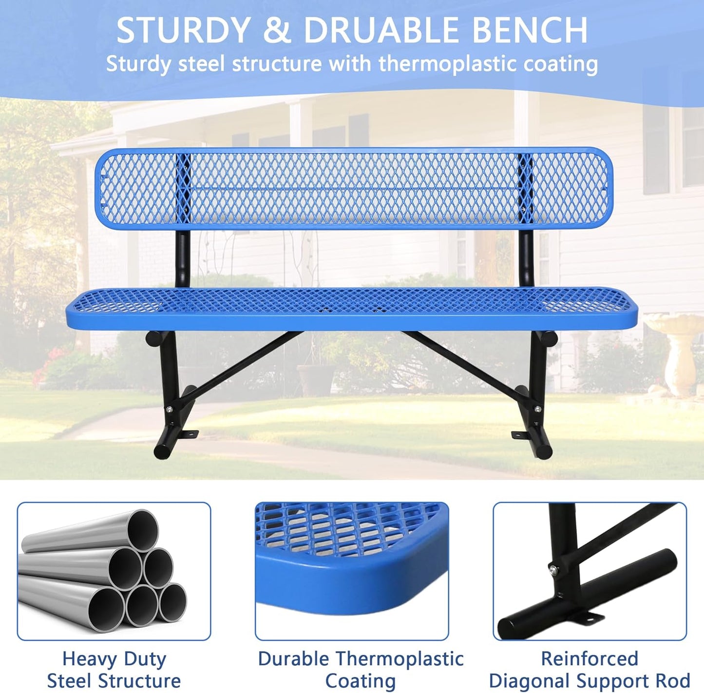 8 Feet Heavy Duty Metal Park Bench for Outside, Outdoor Steel Bench with Backrest & Portable Frame, Commercial Benches for Shopping Malls/Stores/Parks/Patios/Decks/School,Blue