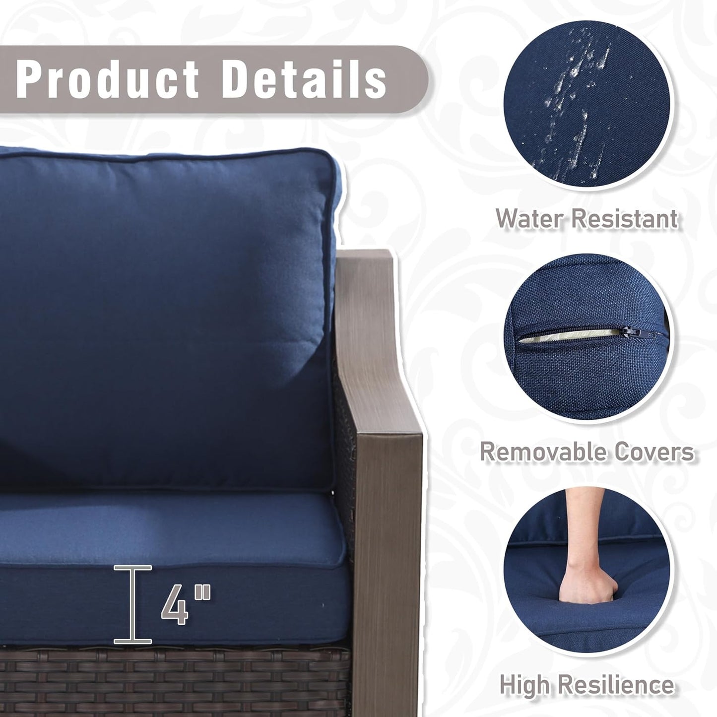 5 Piece Wicker Patio Conversation Set, All-Weather Use Outdoor 2 PE Rattan Chair, 2 Ottoman, 1 Patio Sofa, Removable Water-Resistant Cushion, Ideal for Porch, Backyard, Balcony, Poolside, Blue