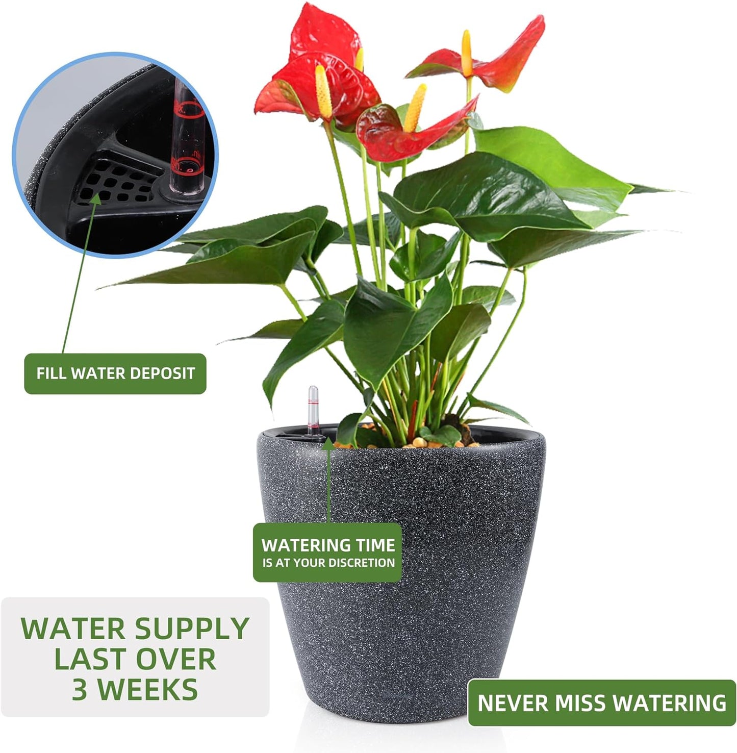 Dexceder 13x12 Self Watering Planter with Wheels Indoor Outdoor, Inner Pot Design, Thickened Large Floor Standing Flower Plant Pot with Water Level Indicator (Stone Matte)