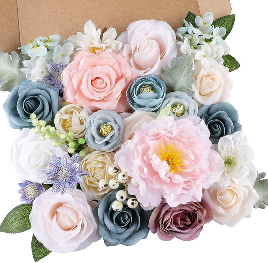 AGIRL Artificial Flowers Combo Silk Pink Roses Fake Flower with Stems for DIY Wedding Bouquets Centerpieces Arrangements Table Chair Decor Baby Shower Home Decor (Blue Pink)