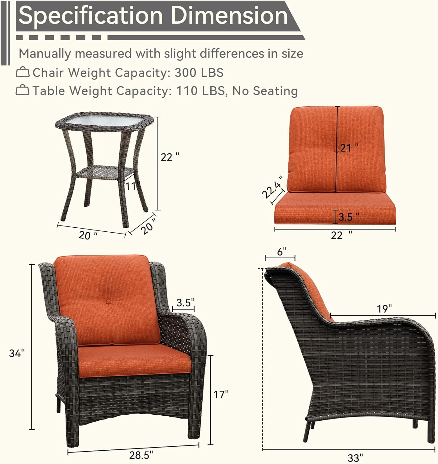 3 Pieces Outdoor Patio Chairs Set - Wicker Patio Conversation Sets with 1 Side Table, Olefin Fabric Cushions Suitable for Backyard Deck and Porch,Orange