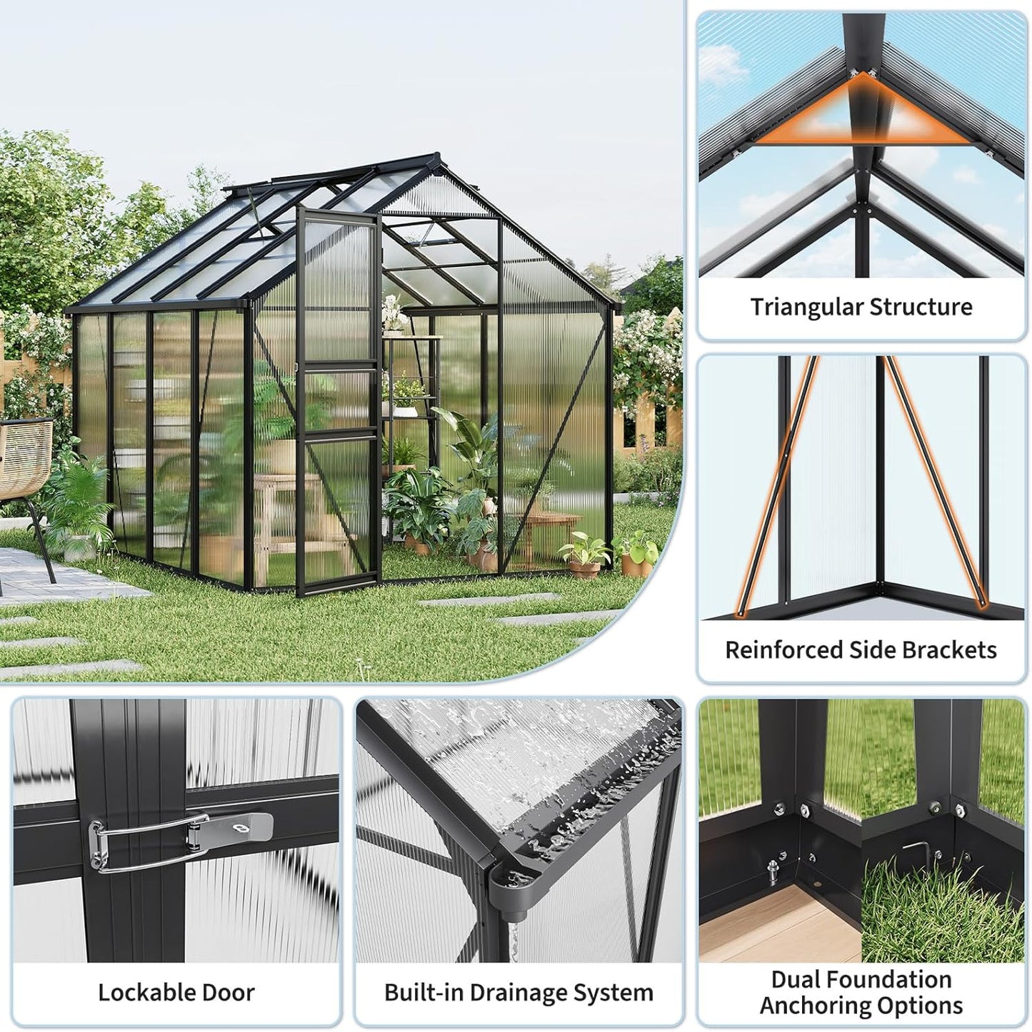 6x8FT Polycarbonate Greenhouse - Walk-in Outdoor Aluminum Frame Greenhouse with Roof Vent, Lockable Push Door for Garden, Backyard, Patio & Lawn(Black)