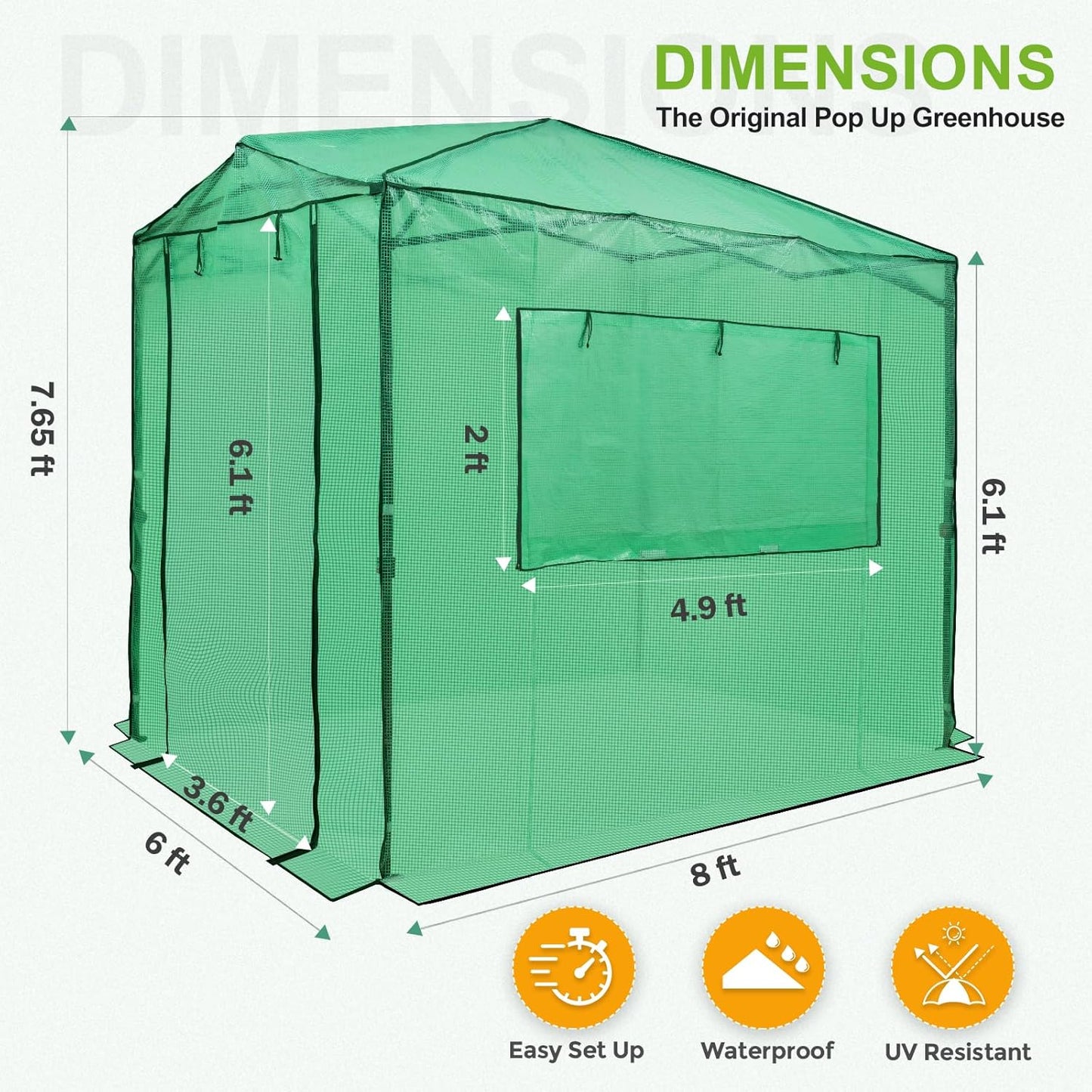 EAGLE PEAK 8x6 Portable Walk-in Greenhouse Instant Pop-up Indoor Outdoor Plant Gardening Green House Canopy with Dual Roll-up Zipper PE Door & Upgraded Screen Mesh Door, PE Cover, Green/Clear