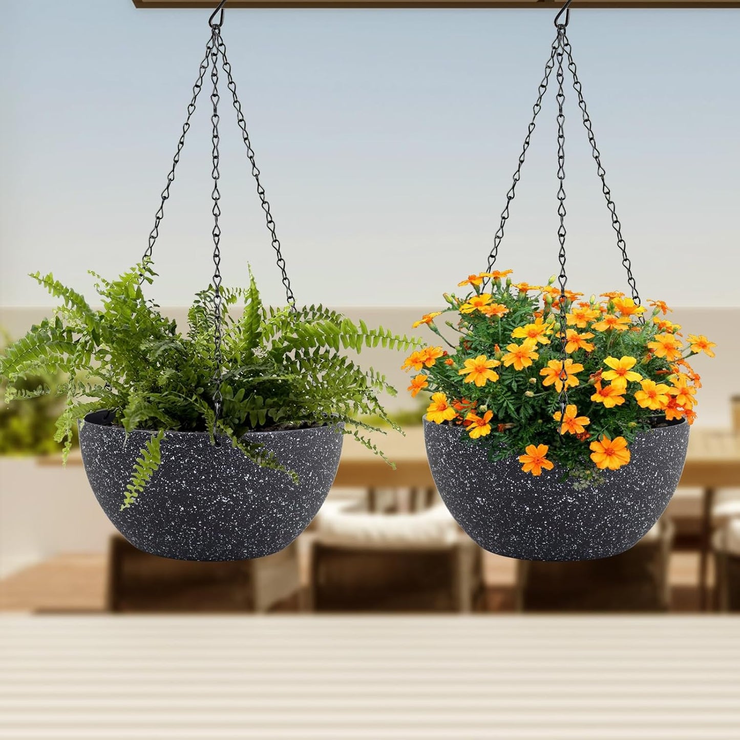 10 inch Hanging Planters for Indoor Outdoor Plants, 2 Pack Hanging Flower Plant Pots with Drainage Holes and Chain for Garden Porch, Plastic Hanging Baskets for House Plants, Speckled Black