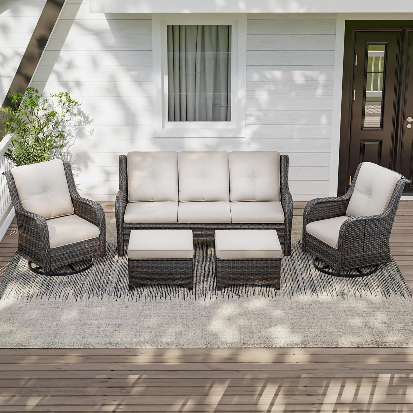 5 Pieces Outdoor Patio Furniture Set - Conversation Set Includes Wicker Swivel Rocker Chairs Set of 2, 2 Ottoman, 3 Seat Sofa, Suitable for Porch, Yard, Mixed Brown Rattan, Beige