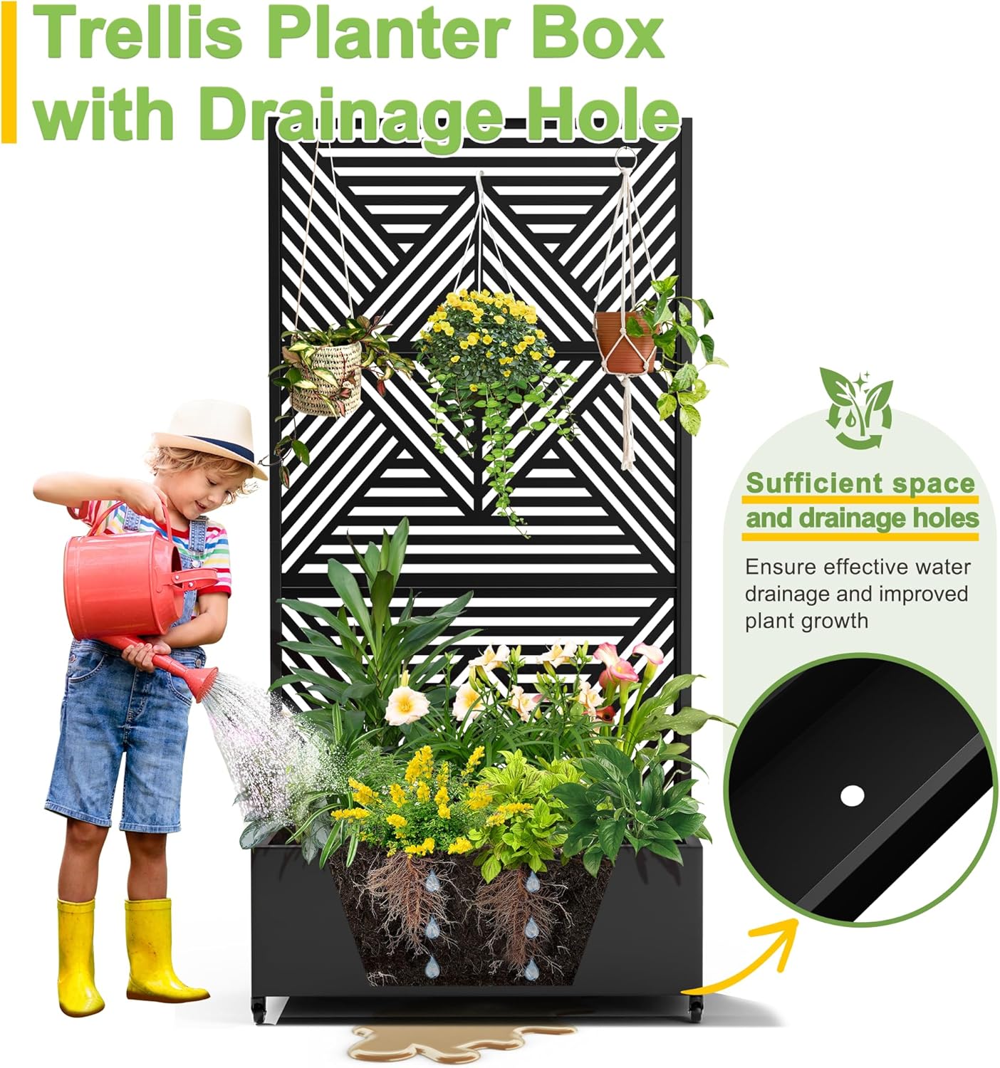 FENCY Metal Raised Garden Bed with Wheels and Trellis,73"x35"x16" Planter Box for Climbing Plants, Vegetables & Vines, Features Privacy Screen and Drainage Holes (Black-Modern)