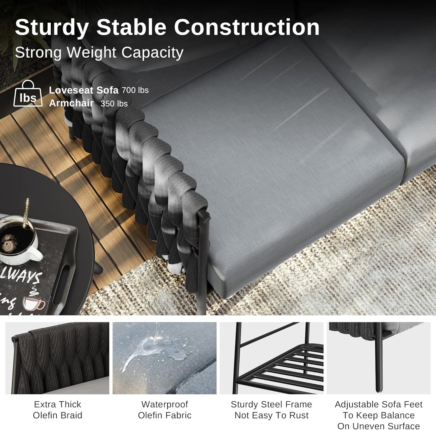 EAST OAK Life Chatter 4 Pieces Patio Furniture Set, Outdoor Furniture with Coffee Table, Patio Conversation Set Deep Seating with Thick Cushion, Backyard Porch Balcony, Earth Black & Misty Grey