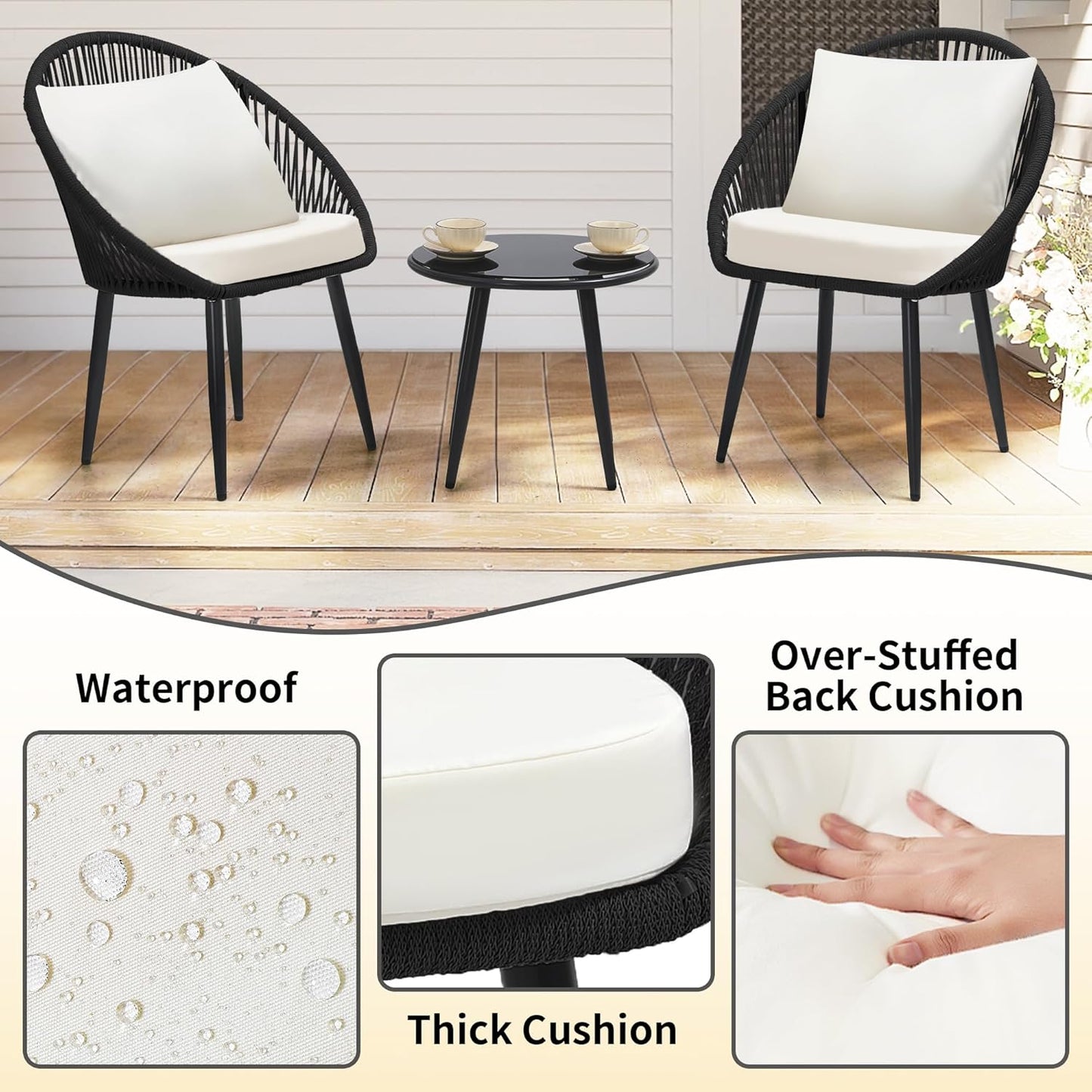 3 Pieces Bistro Set, Woven Rope Chair with Cushions, All Weather Patio Conversation Set and Side Table, Ideal for Deck, Balcony, Poolside, Black